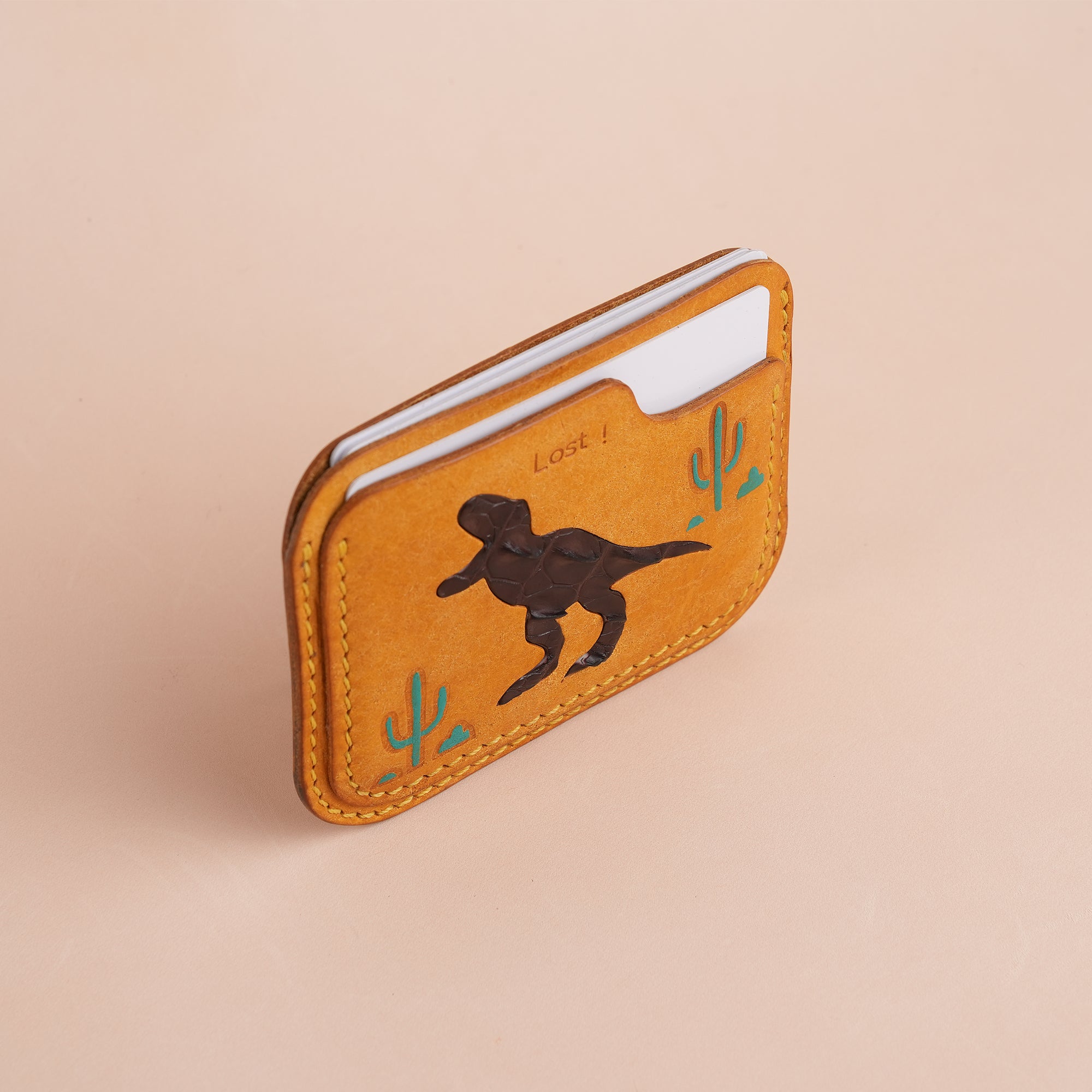 Minimalist Golden Pueblo Leather Card Holder - Dinosaur Design