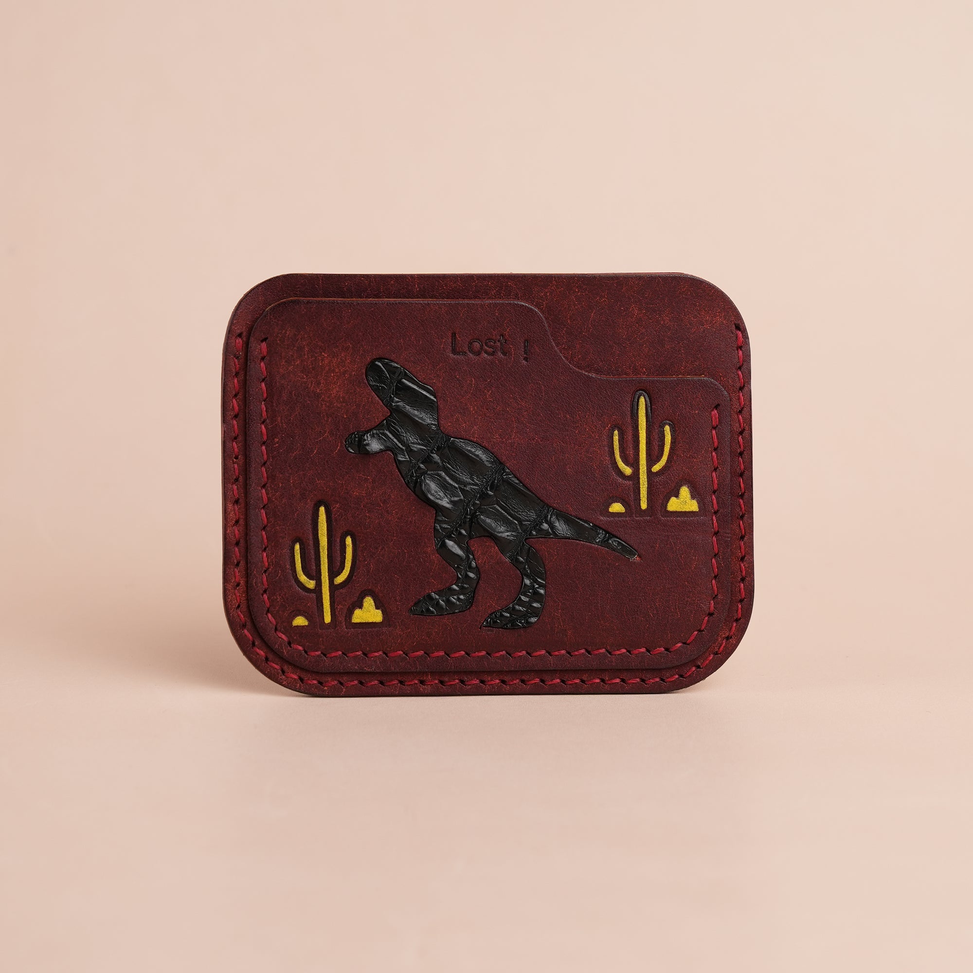 Minimalist Burgundy Pueblo Leather Card Holder - Dinosaur Design
