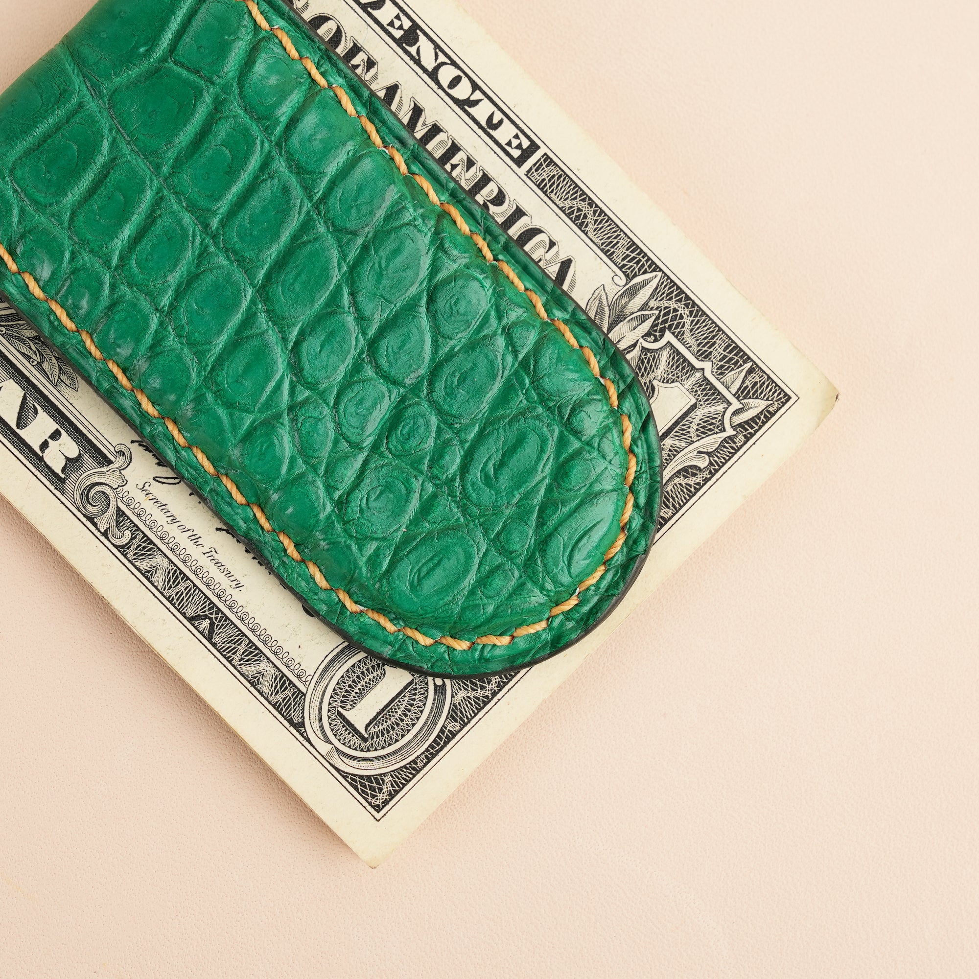 Green Alligator Leather Money Clip - Rounded Shape