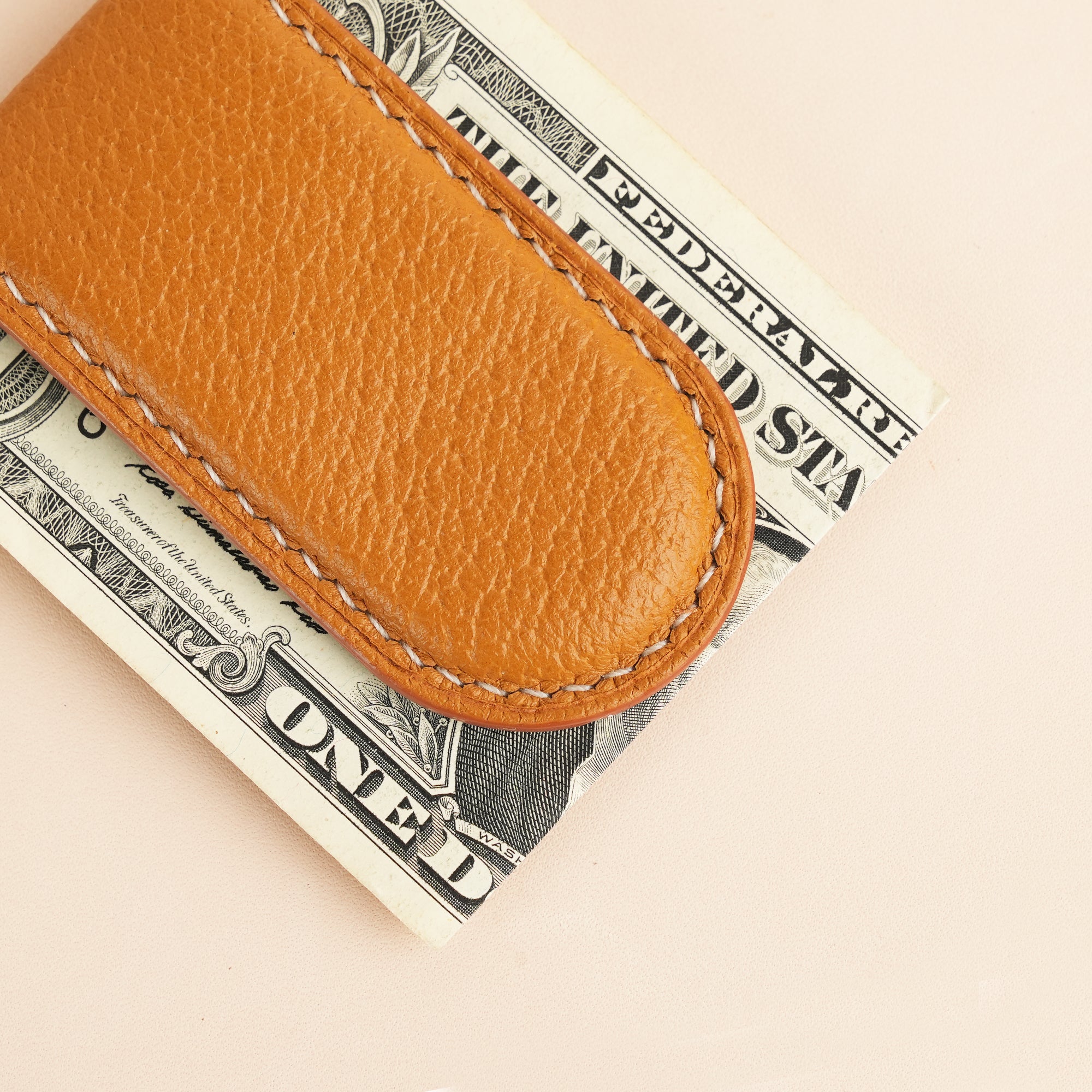 Cognac Peccary Leather Money Clip - Rounded Shape