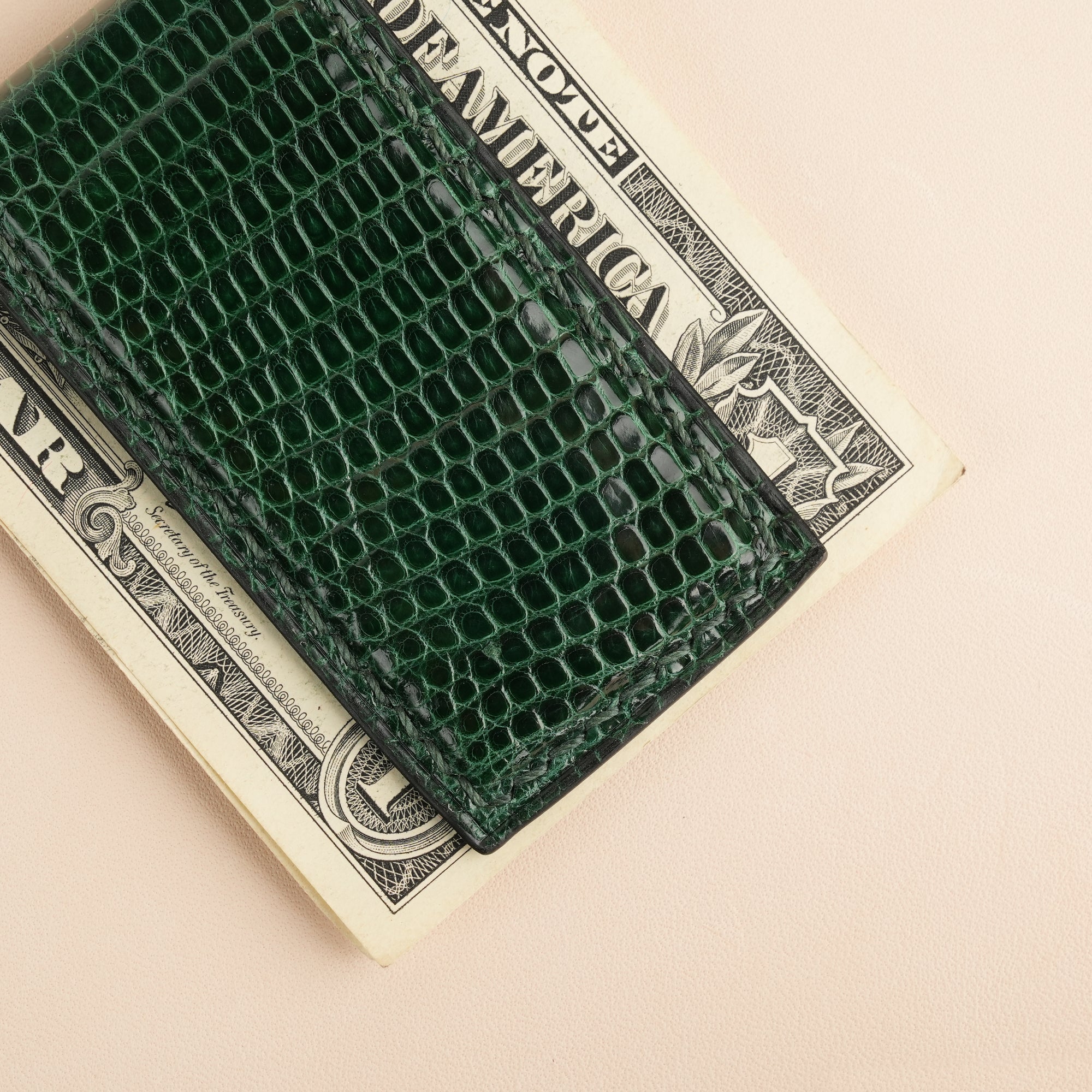 Green Lizard Leather Money Clip - Square Shape