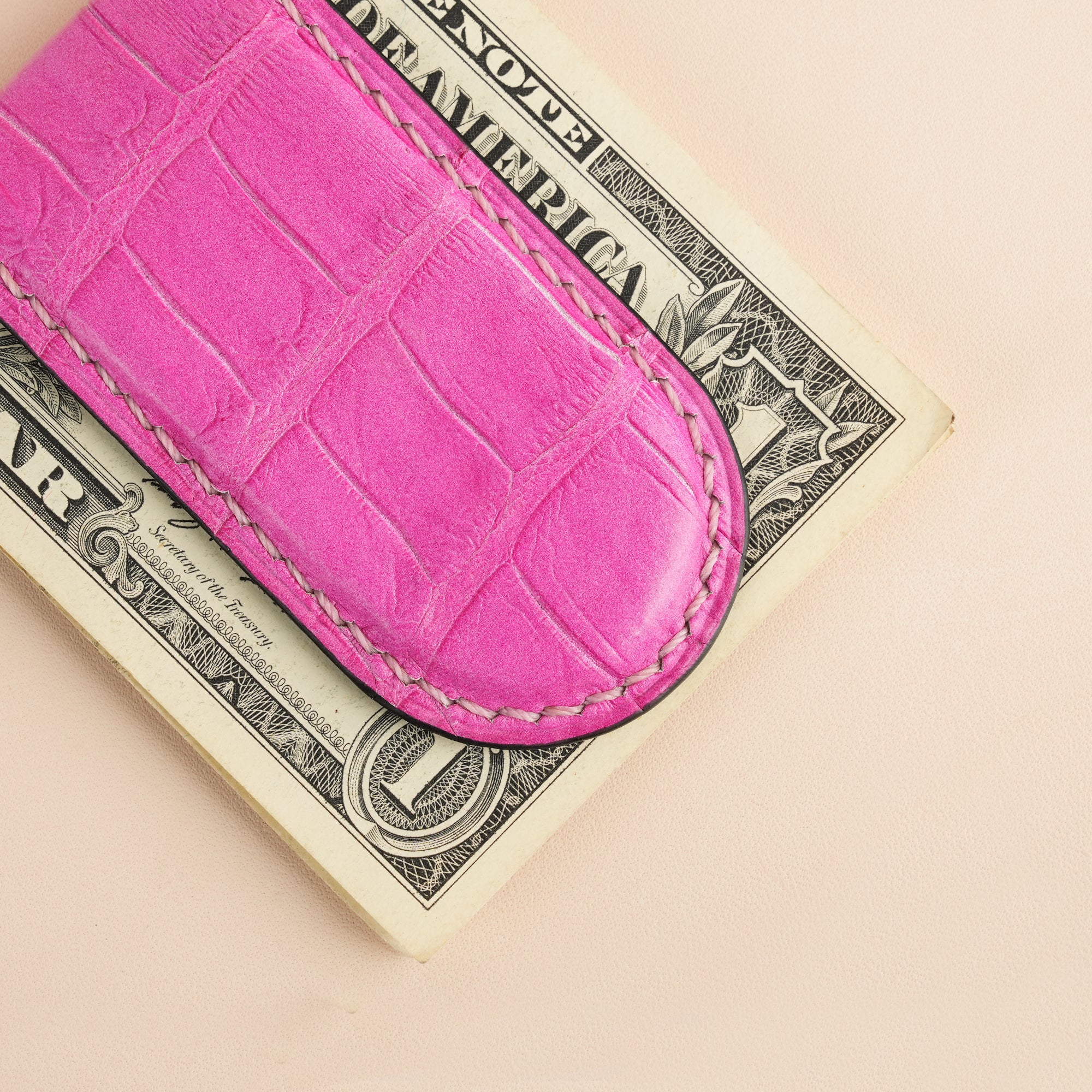 Pink Alligator Leather Money Clip - Rounded Shape