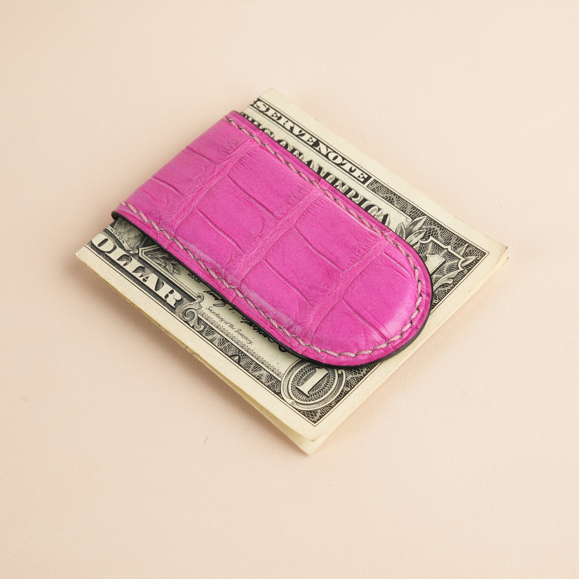 Pink Alligator Leather Money Clip - Rounded Shape
