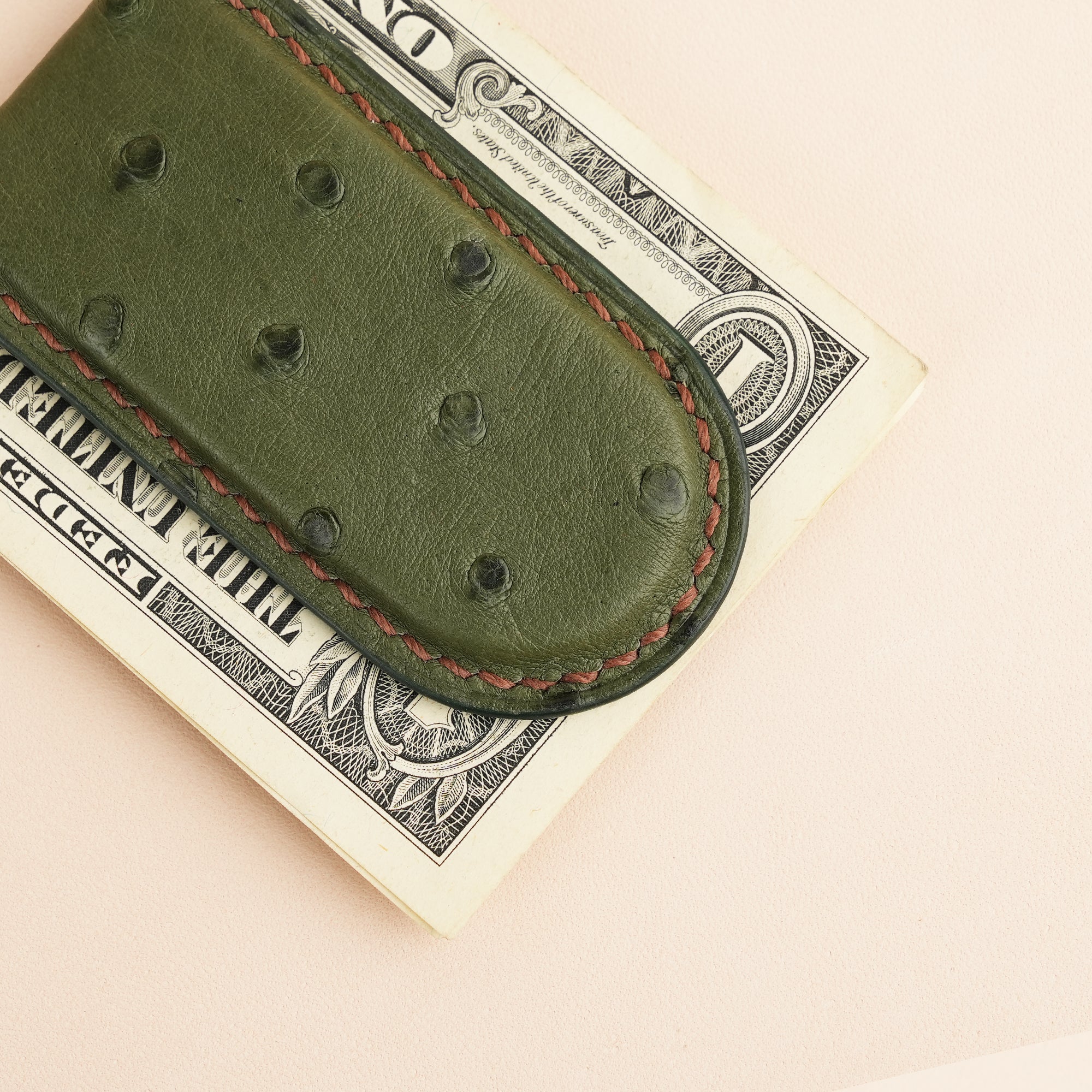 Green Ostrich Leather Money Clip - Rounded Shape