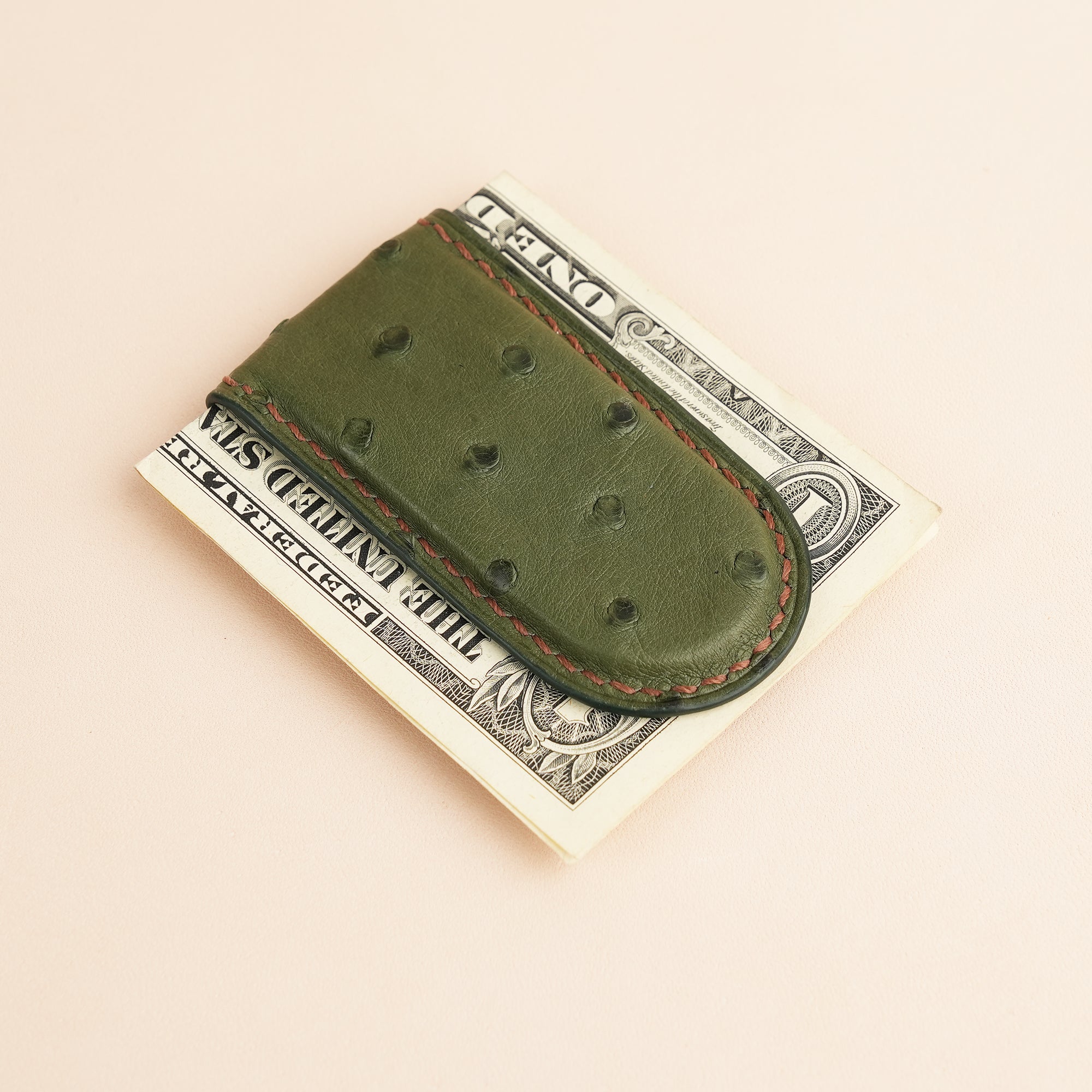 Green Ostrich Leather Money Clip - Rounded Shape