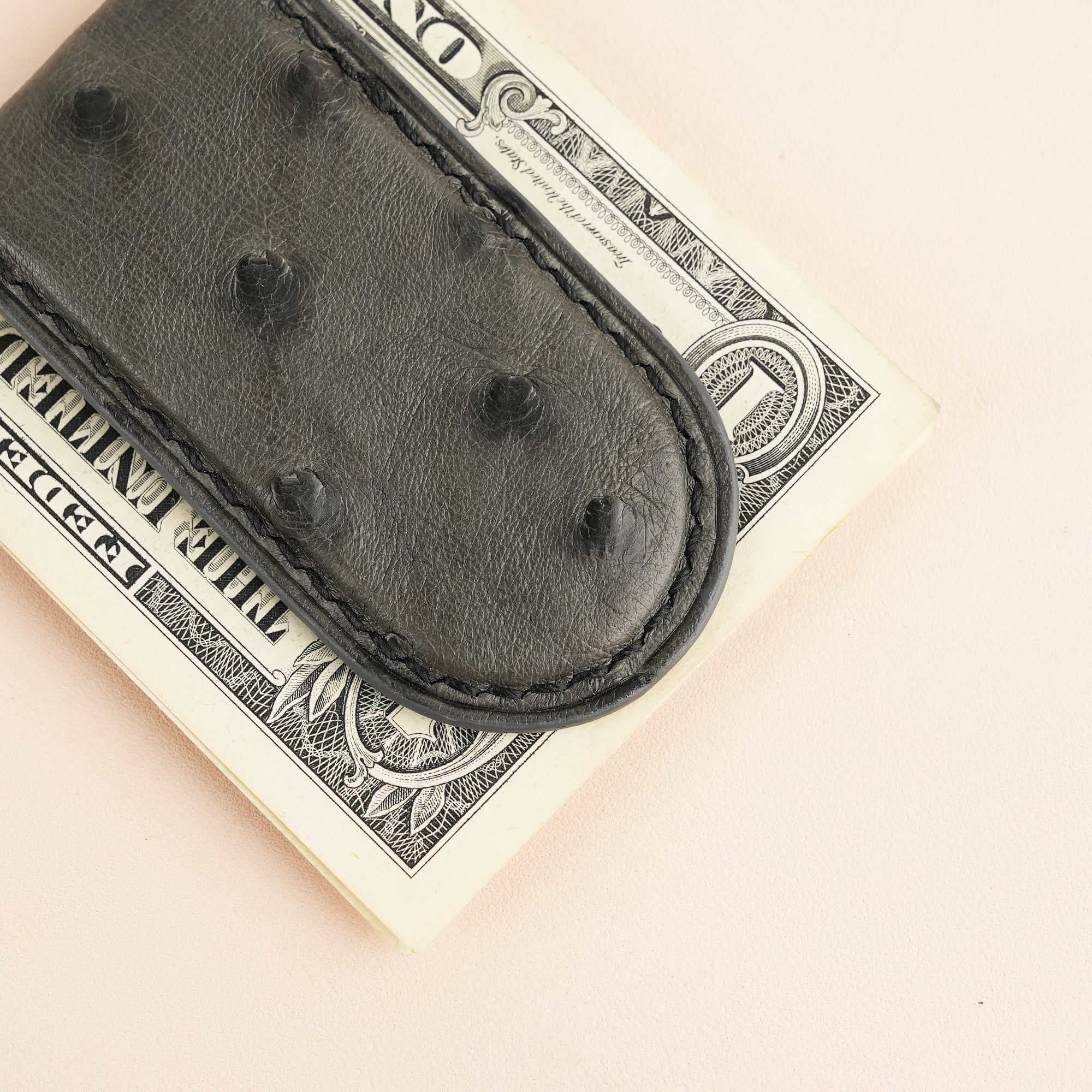 Dark Grey Ostrich Leather Money Clip - Rounded Shape