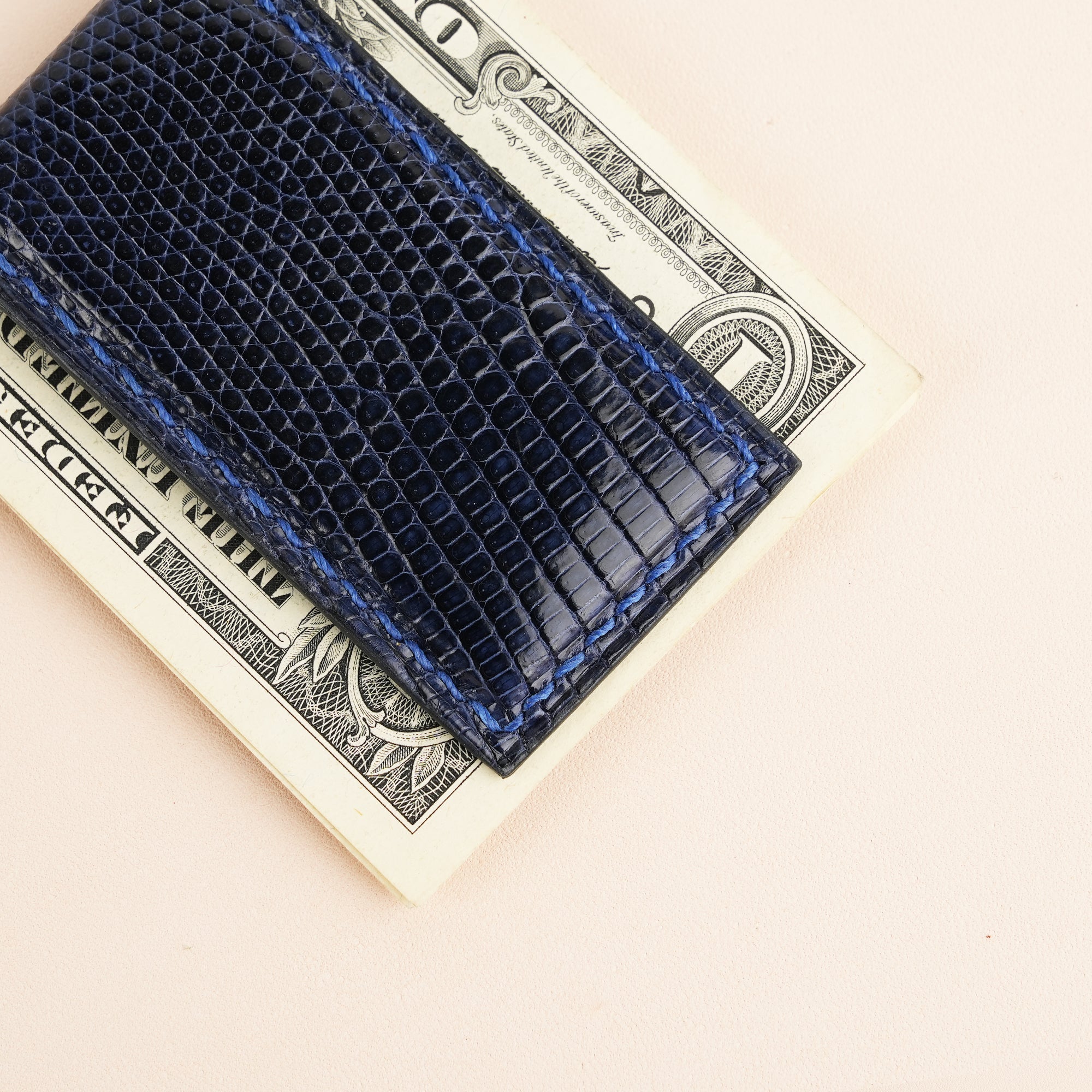 Navy Lizard Leather Money Clip - Square Shape