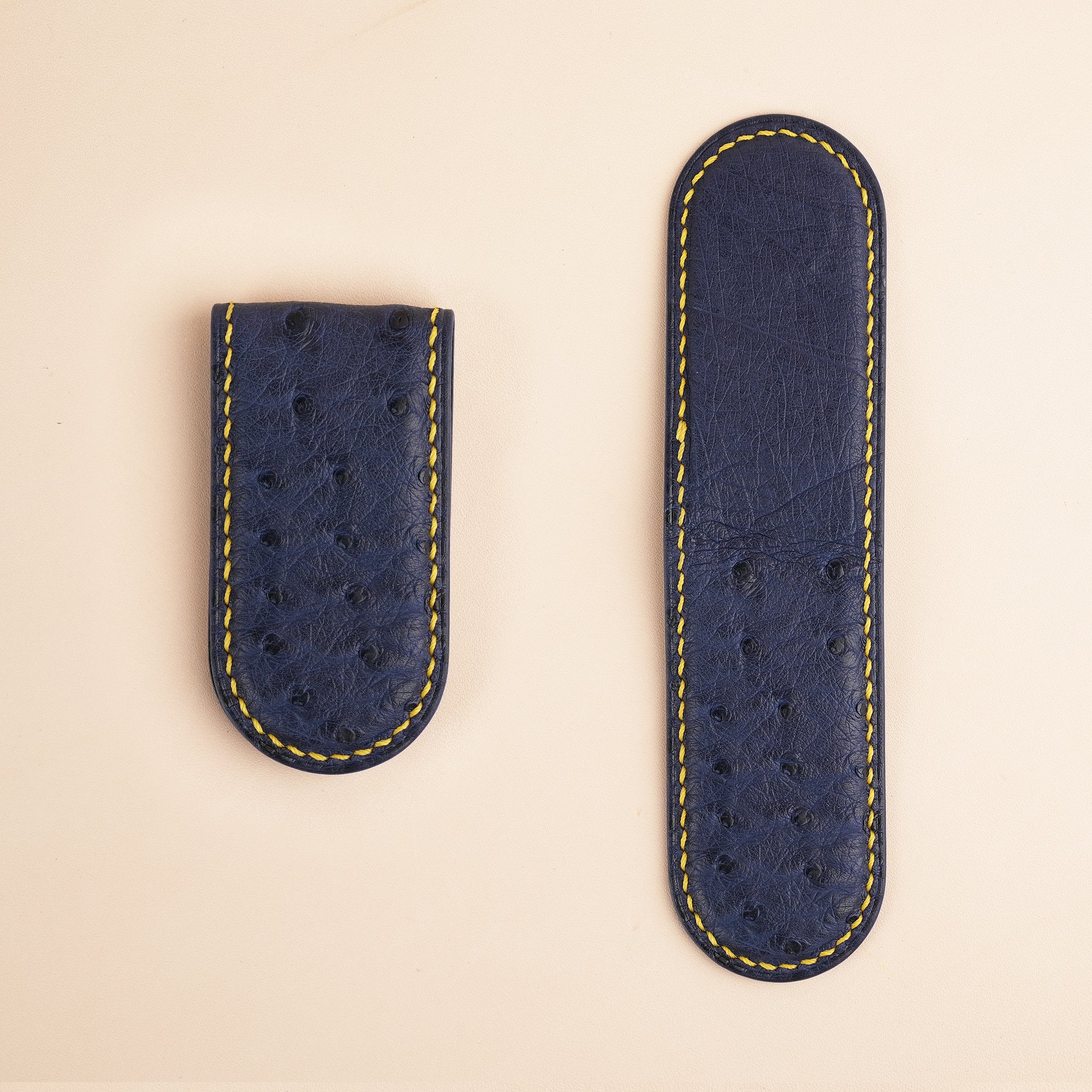 Navy Ostrich Leather Money Clip - Rounded Shape