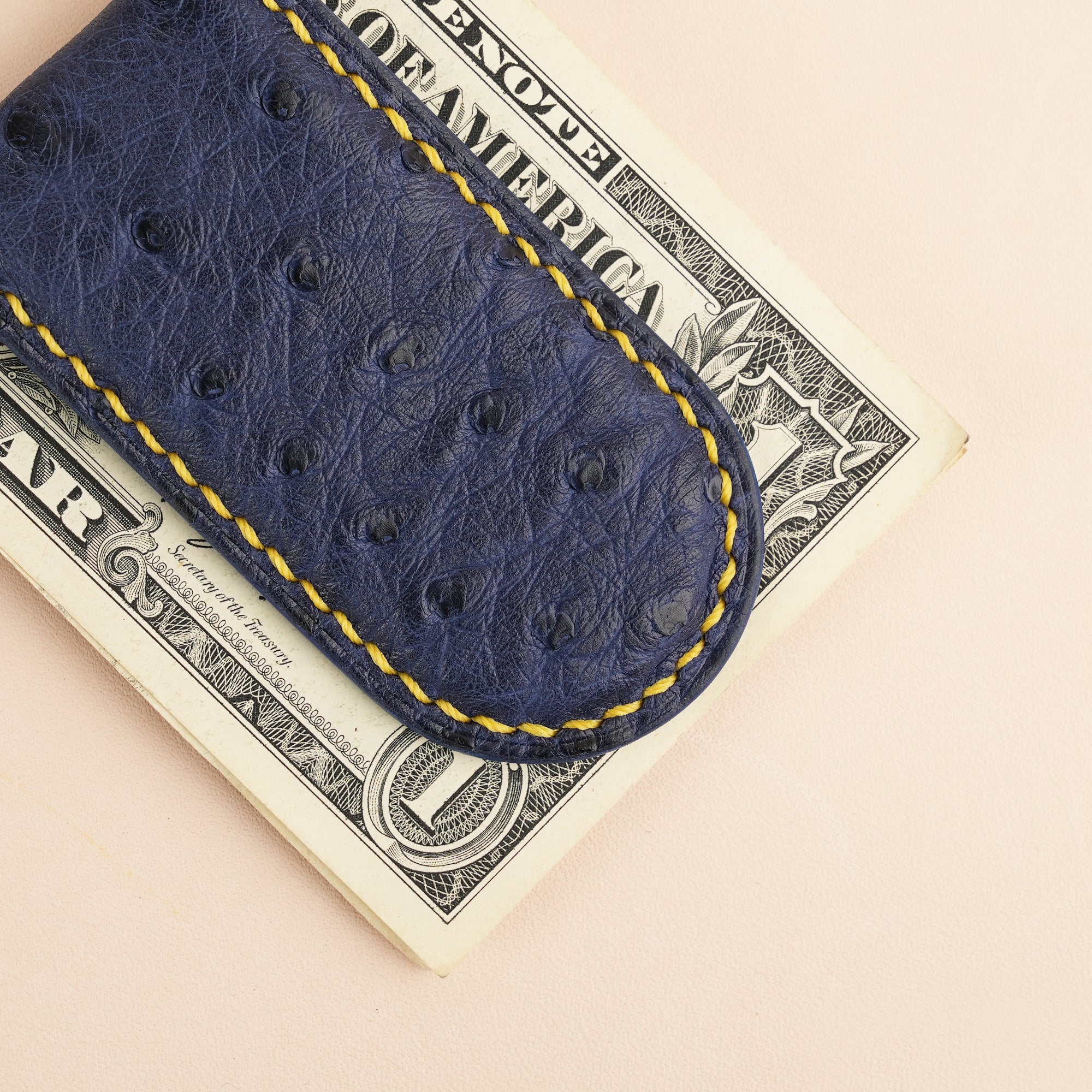 Navy Ostrich Leather Money Clip - Rounded Shape