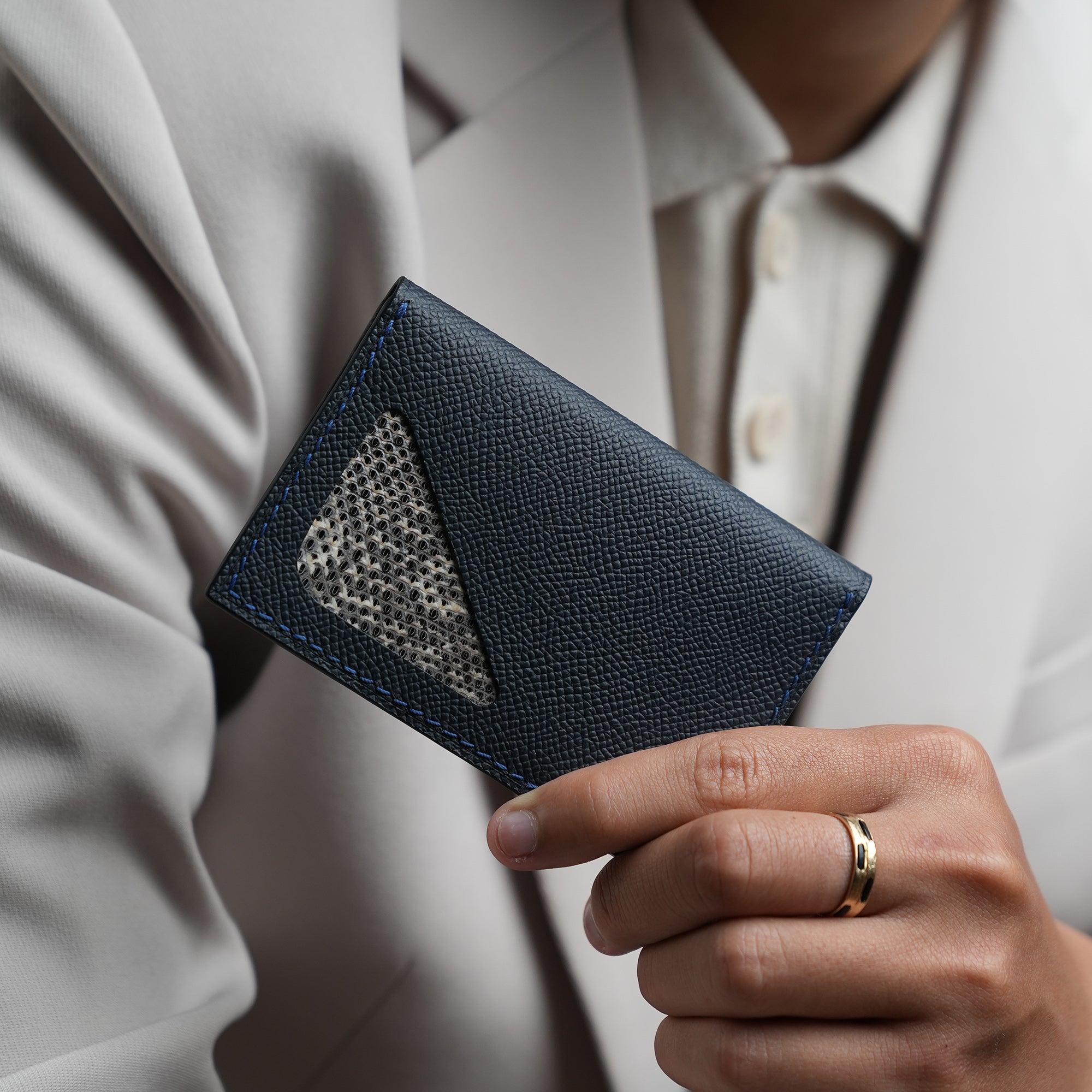 Navy Epsom mix Lizard Leather Bifold Wallet - Natural Pattern