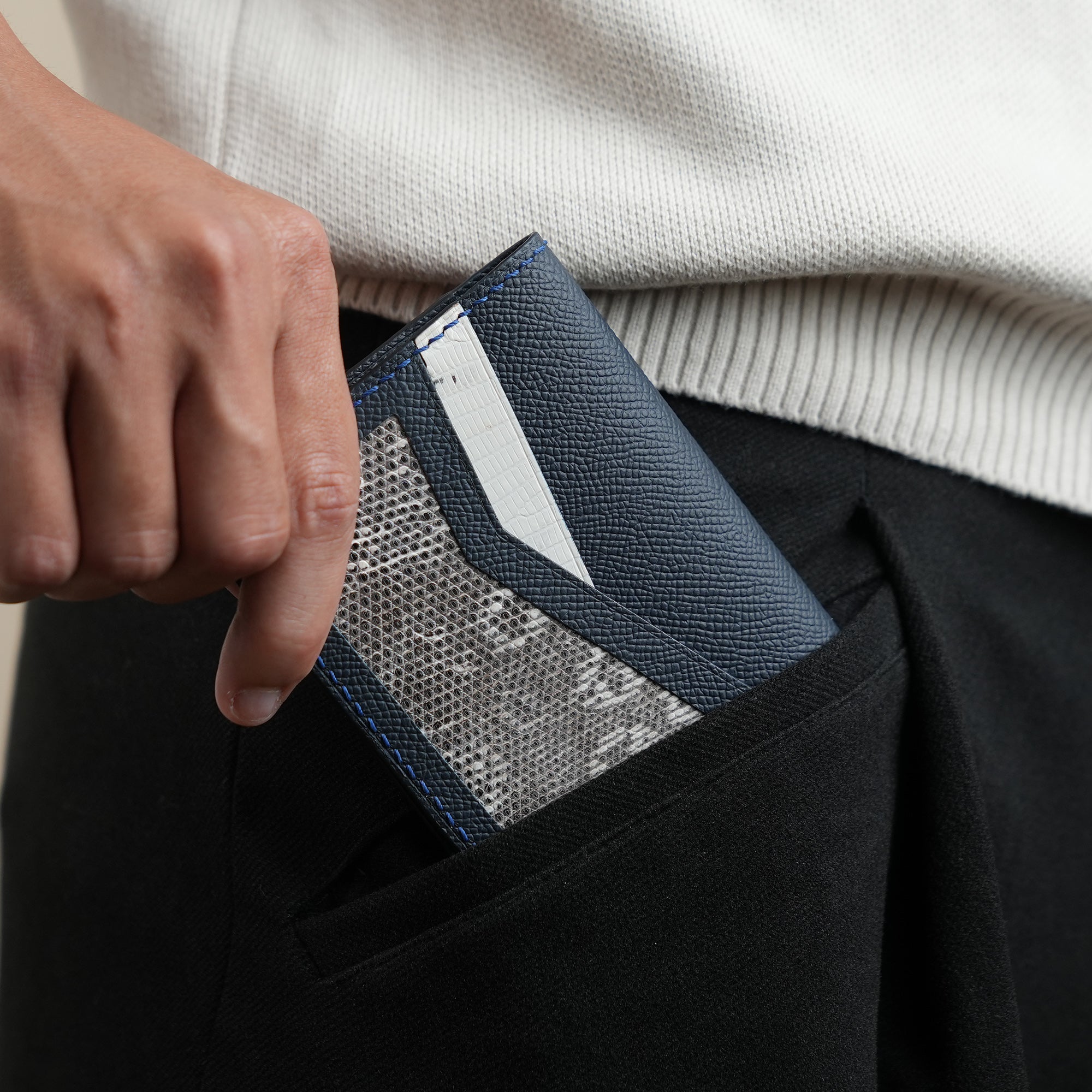 Navy Epsom mix Lizard Leather Dualfold Wallet - Natural Pattern