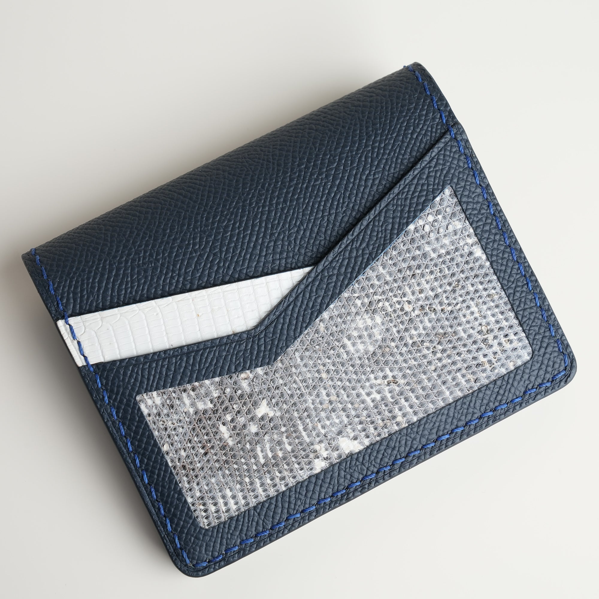 Navy Epsom mix Lizard Leather Dualfold Wallet - Natural Pattern