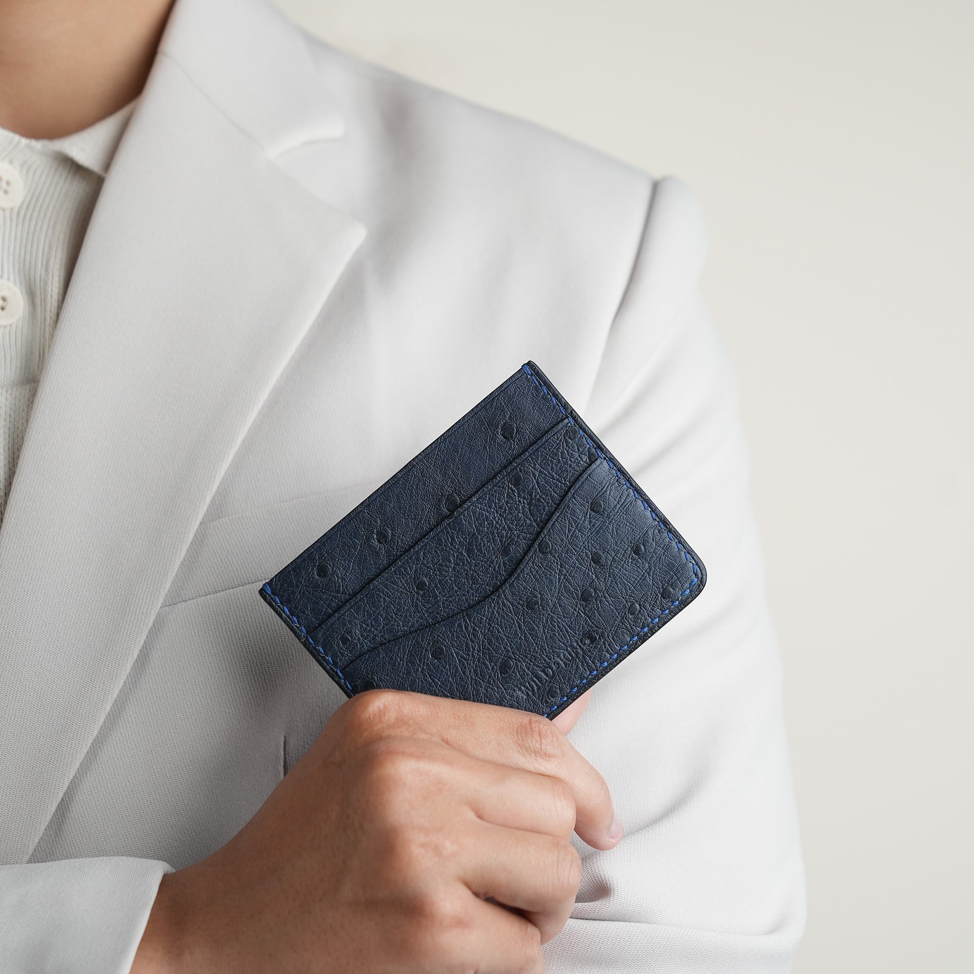 Navy Ostrich Leather Card Holder
