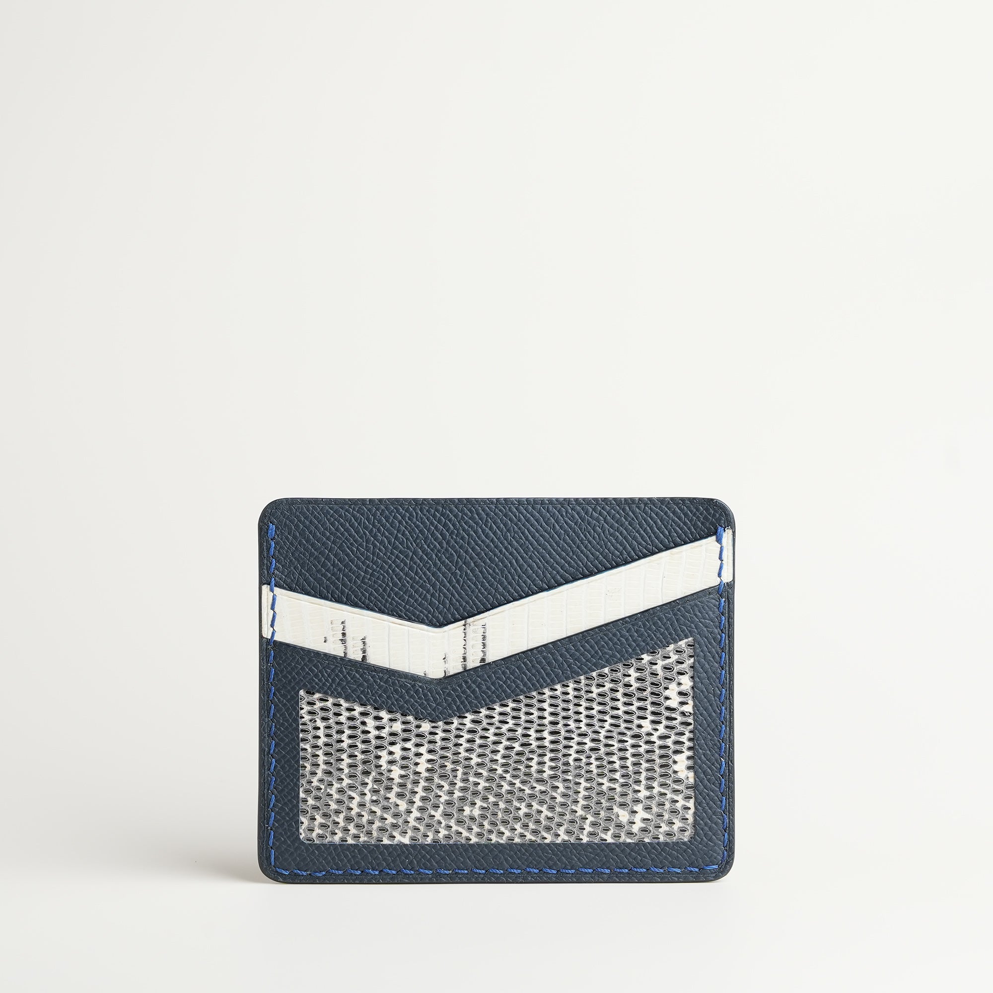 Navy Epsom mix Lizard Leather Card Holder - Natural Pattern