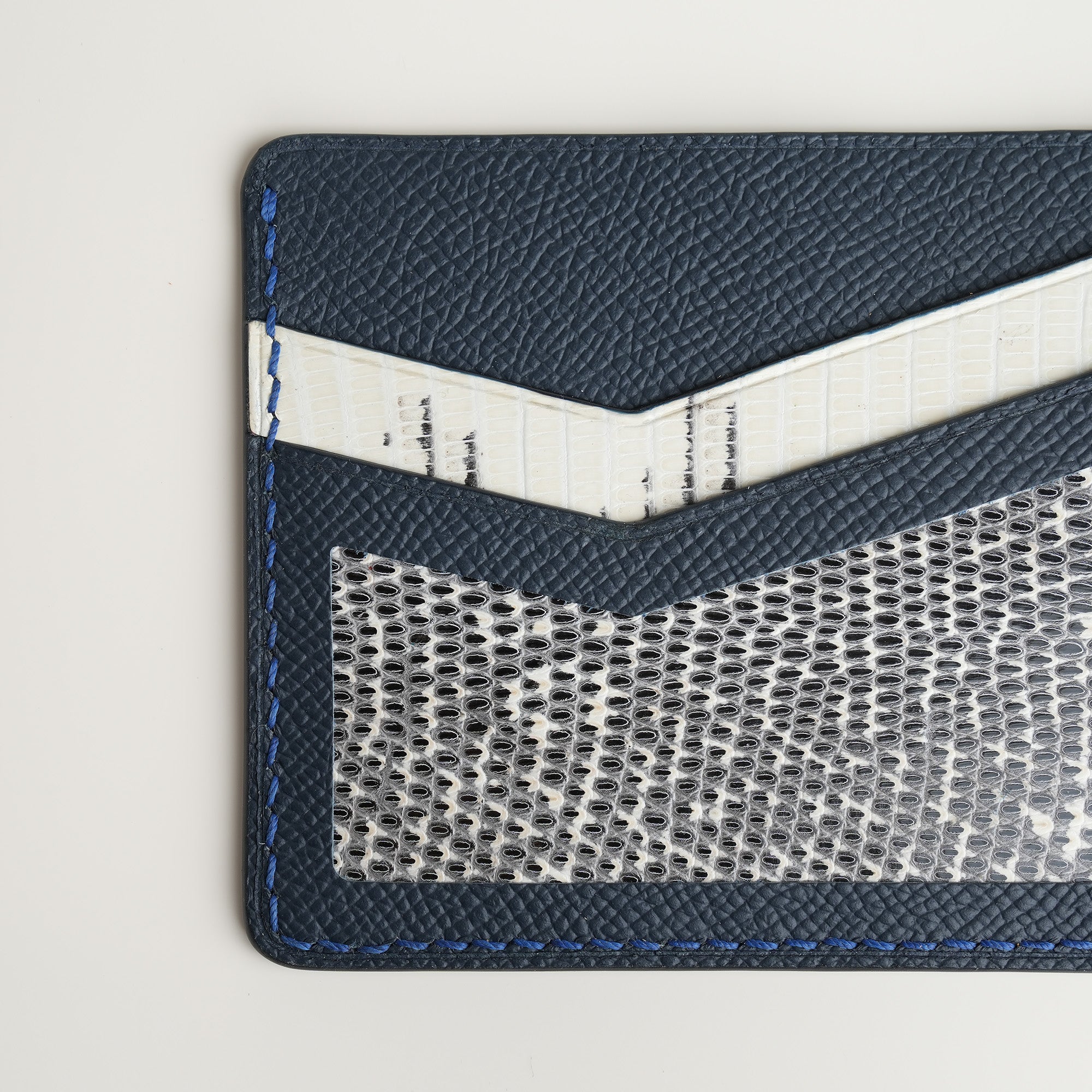 Navy Epsom mix Lizard Leather Card Holder - Natural Pattern