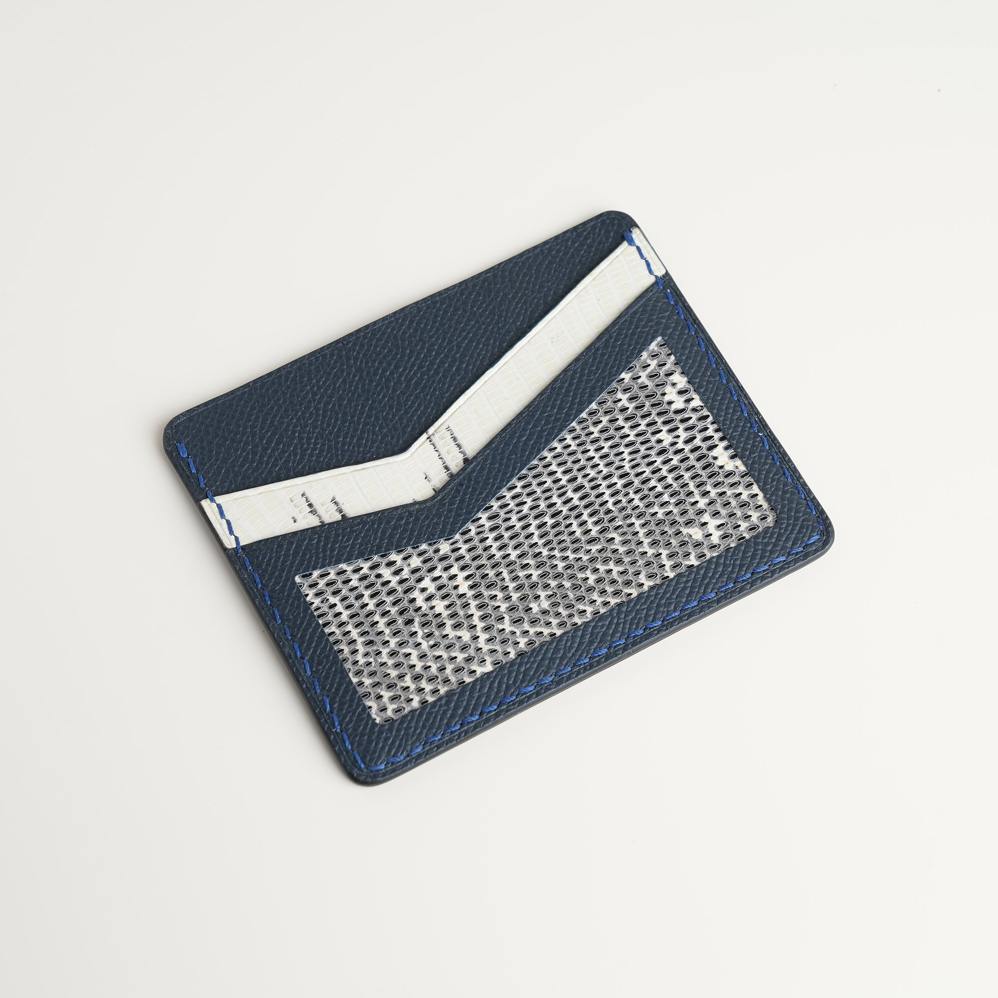 Navy Epsom mix Lizard Leather Card Holder - Natural Pattern