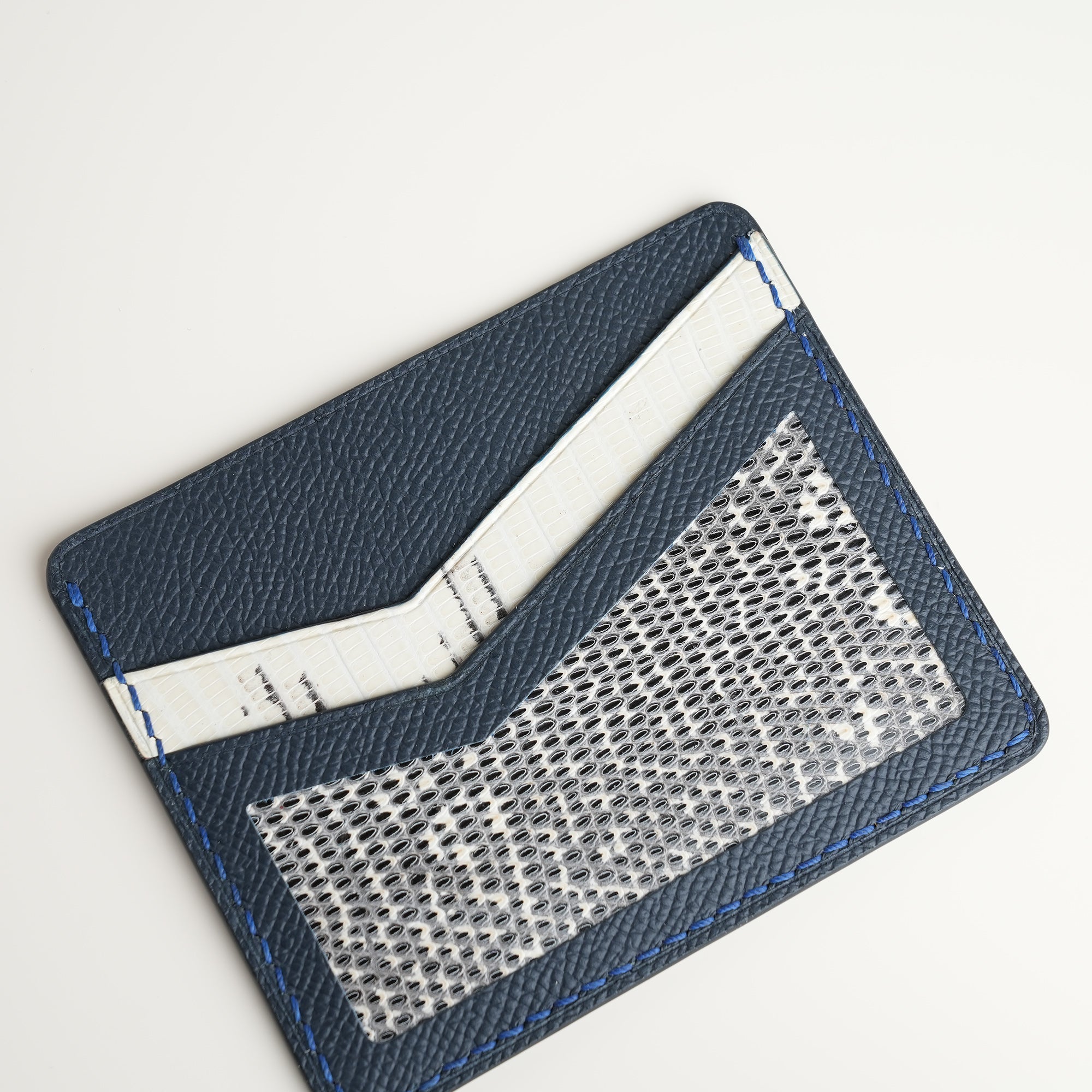 Navy Epsom mix Lizard Leather Card Holder - Natural Pattern