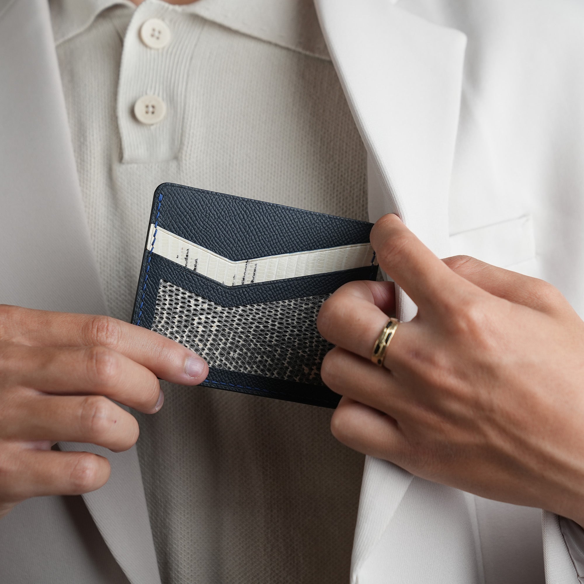 Navy Epsom mix Lizard Leather Card Holder - Natural Pattern
