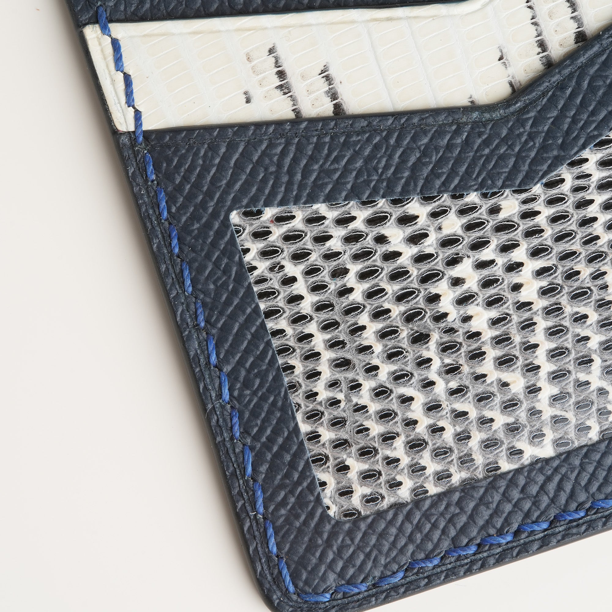 Navy Epsom mix Lizard Leather Card Holder - Natural Pattern