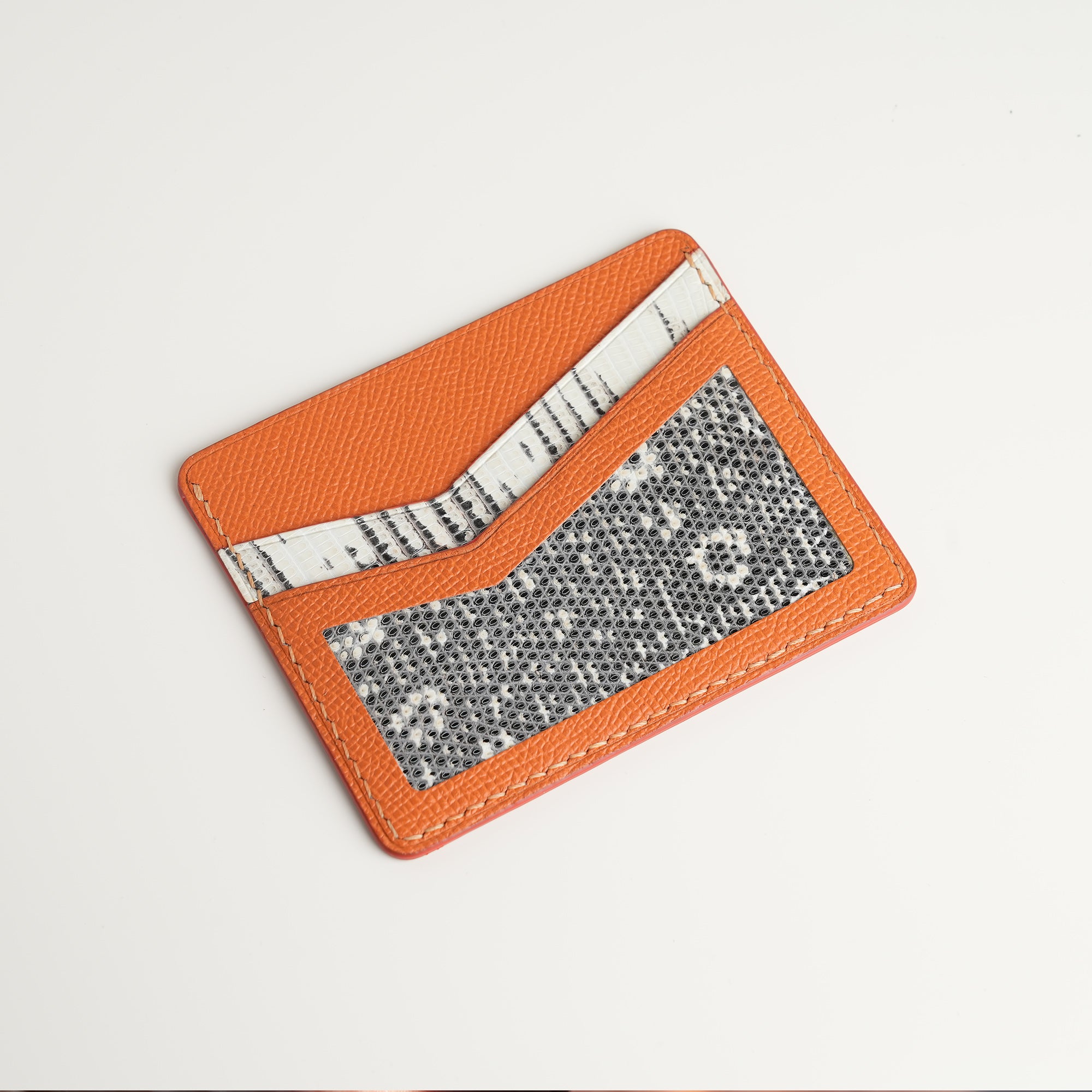 Orange Epsom mix Lizard Leather Card Holder - Natural Pattern