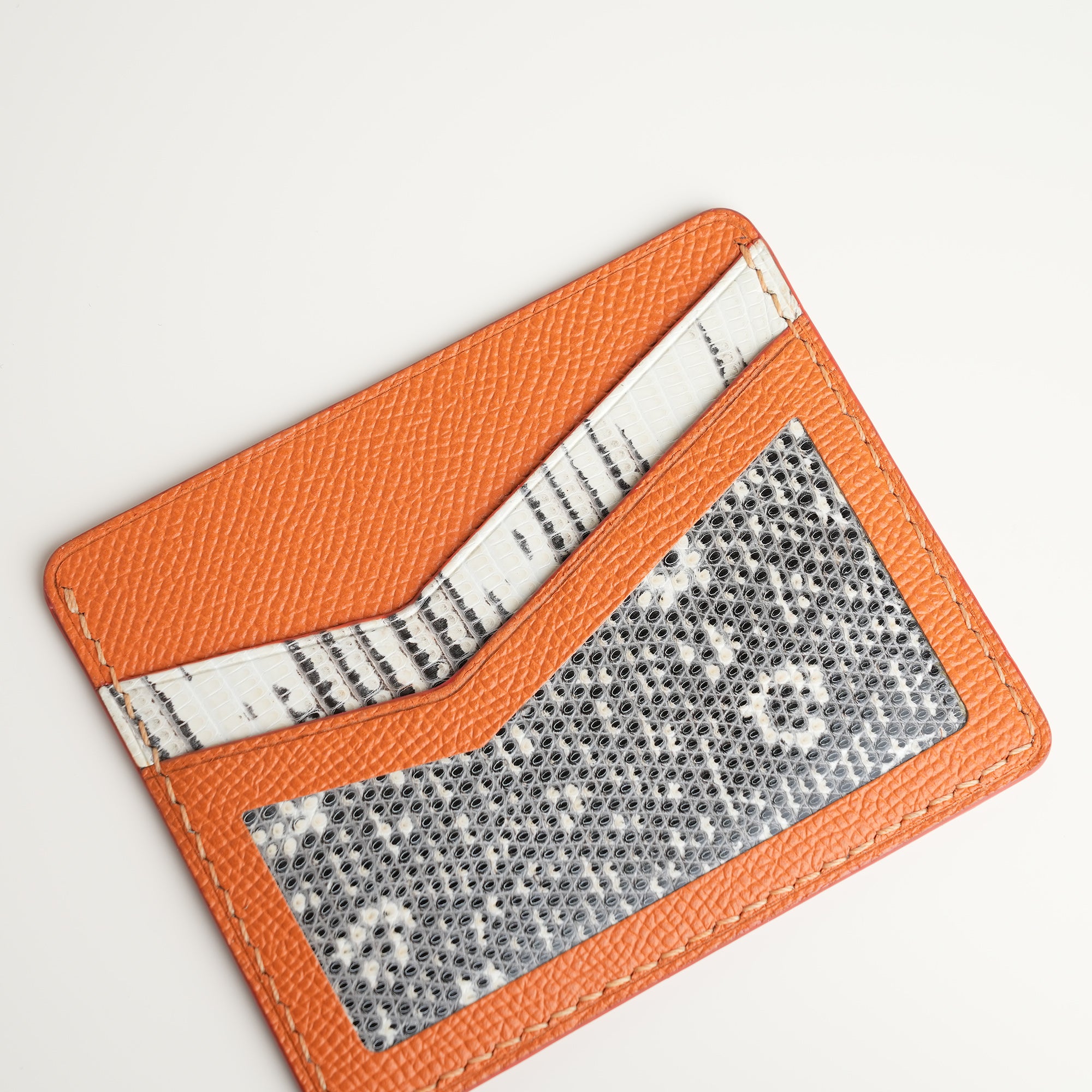Orange Epsom mix Lizard Leather Card Holder - Natural Pattern