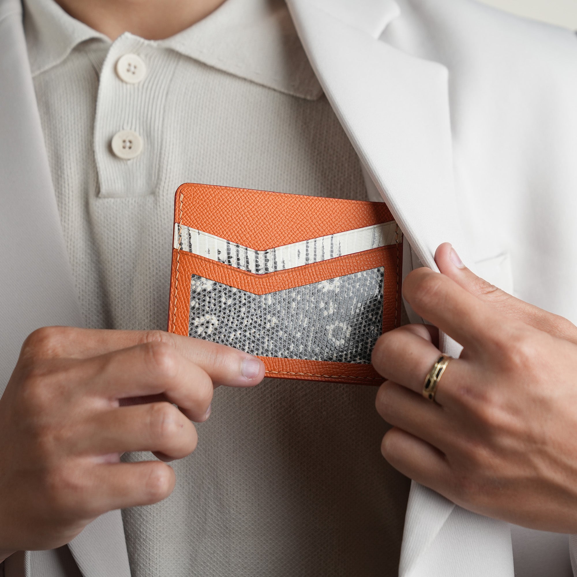 Orange Epsom mix Lizard Leather Card Holder - Natural Pattern