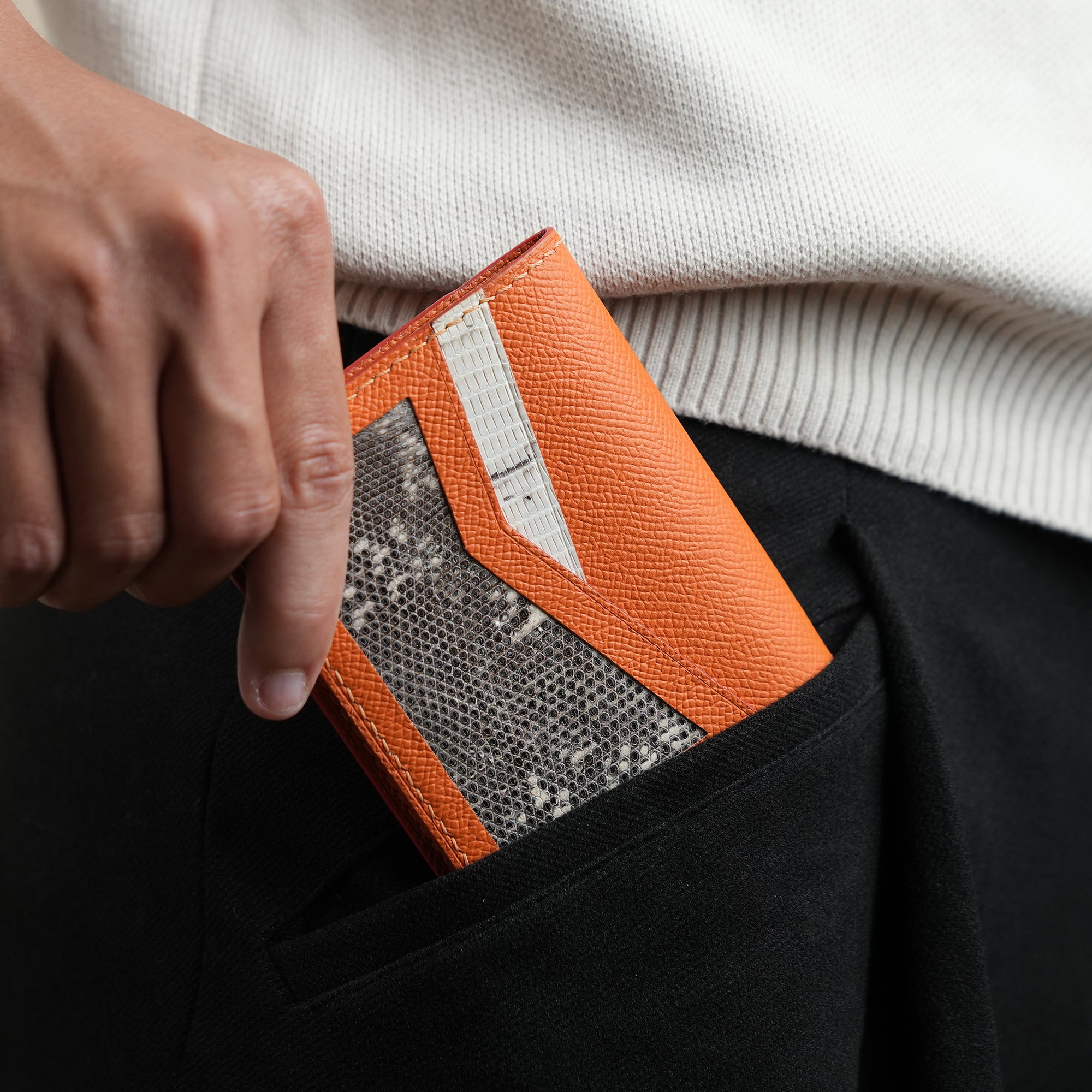 Orange Epsom mix Lizard Leather Dualfold Wallet - Natural Pattern