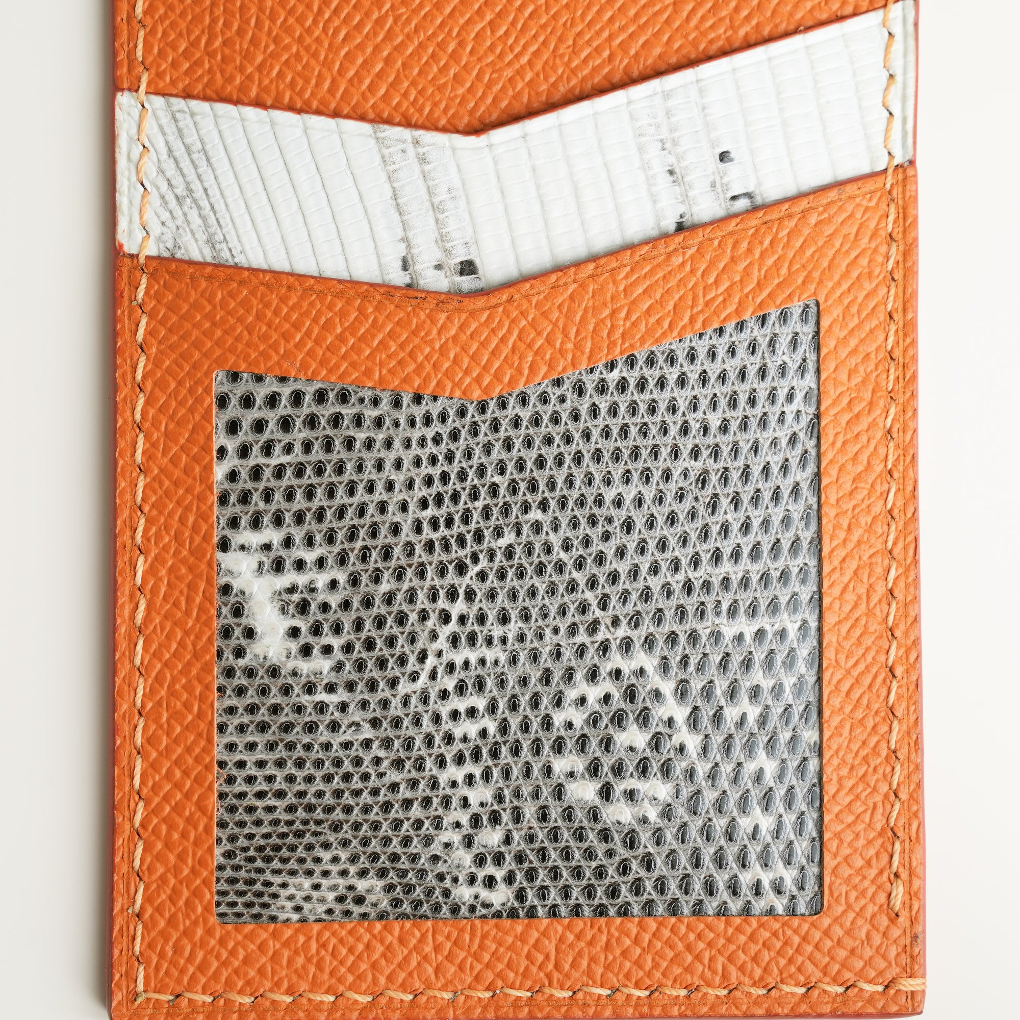 Orange Epsom mix Lizard Leather Vertical Card Holder - Natural Pattern