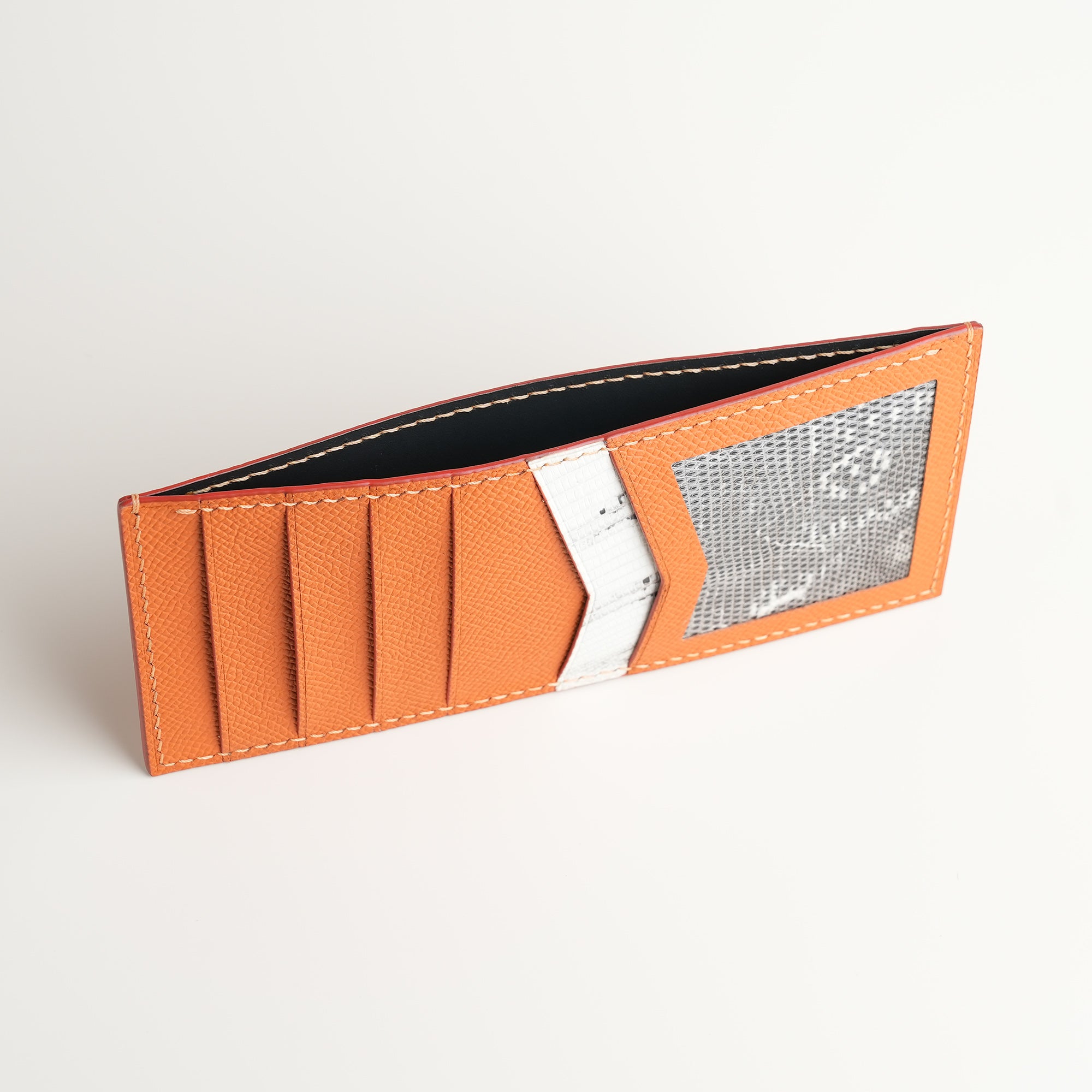 Orange Epsom mix Lizard Leather Vertical Card Holder - Natural Pattern