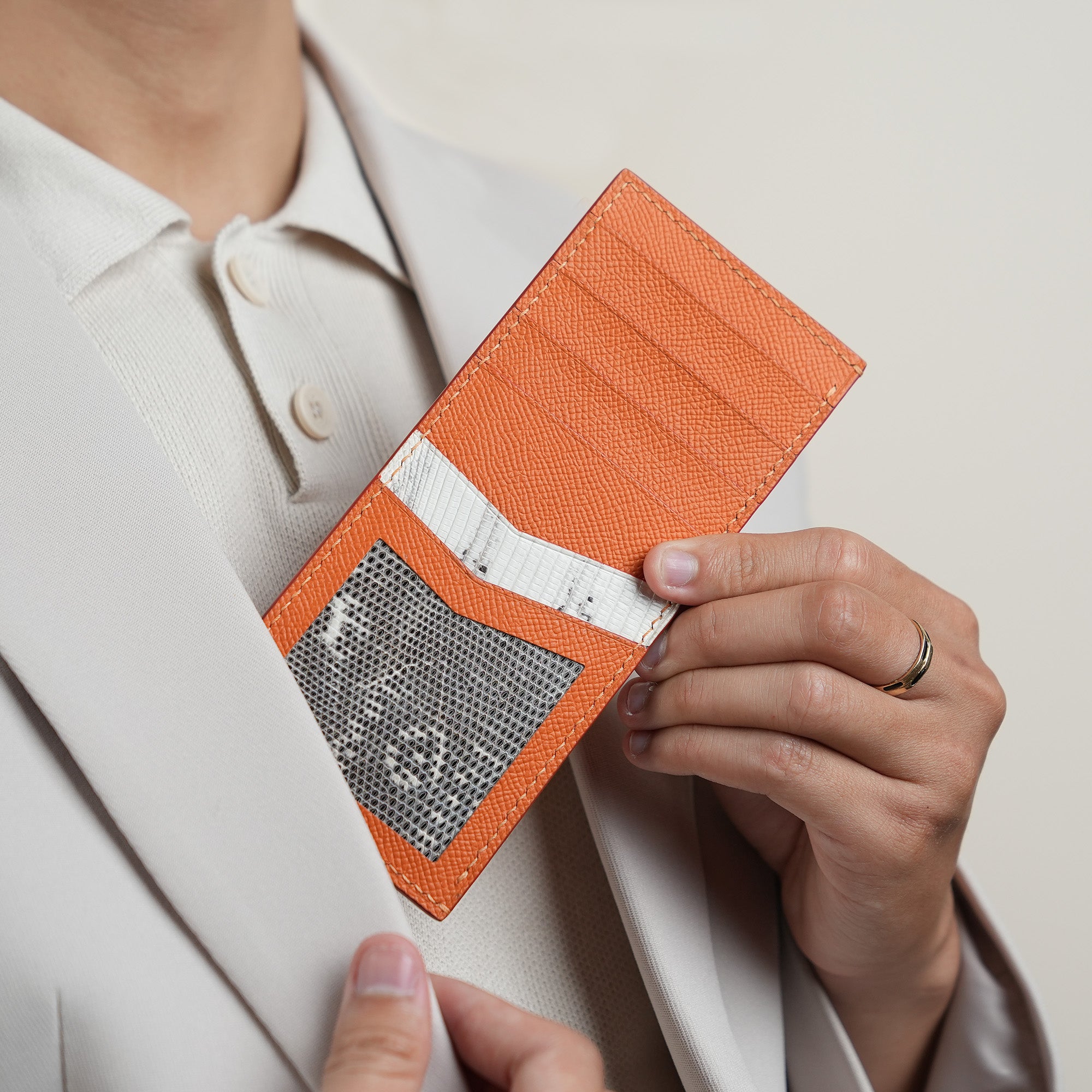 Orange Epsom mix Lizard Leather Vertical Card Holder - Natural Pattern