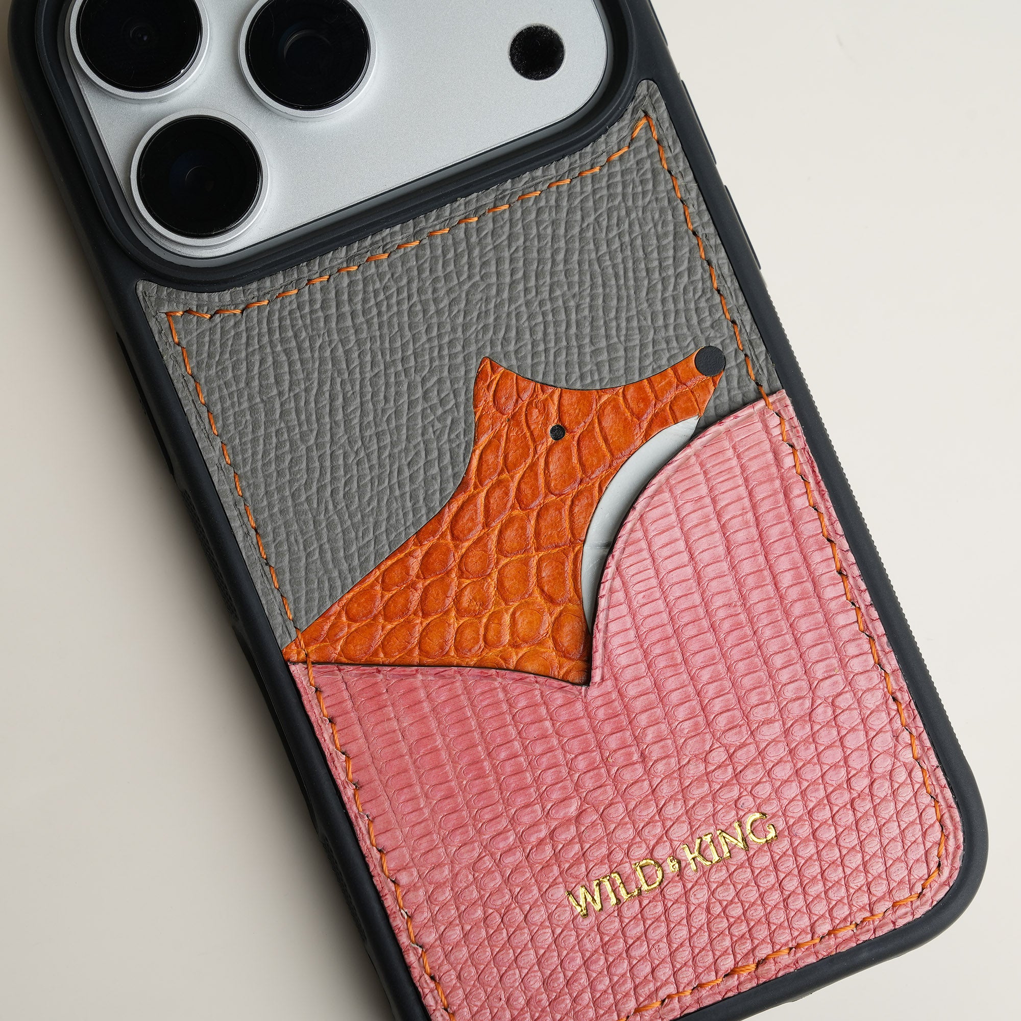 Pink Lizard Leather Iphone Case with Card Holder - Fox Design