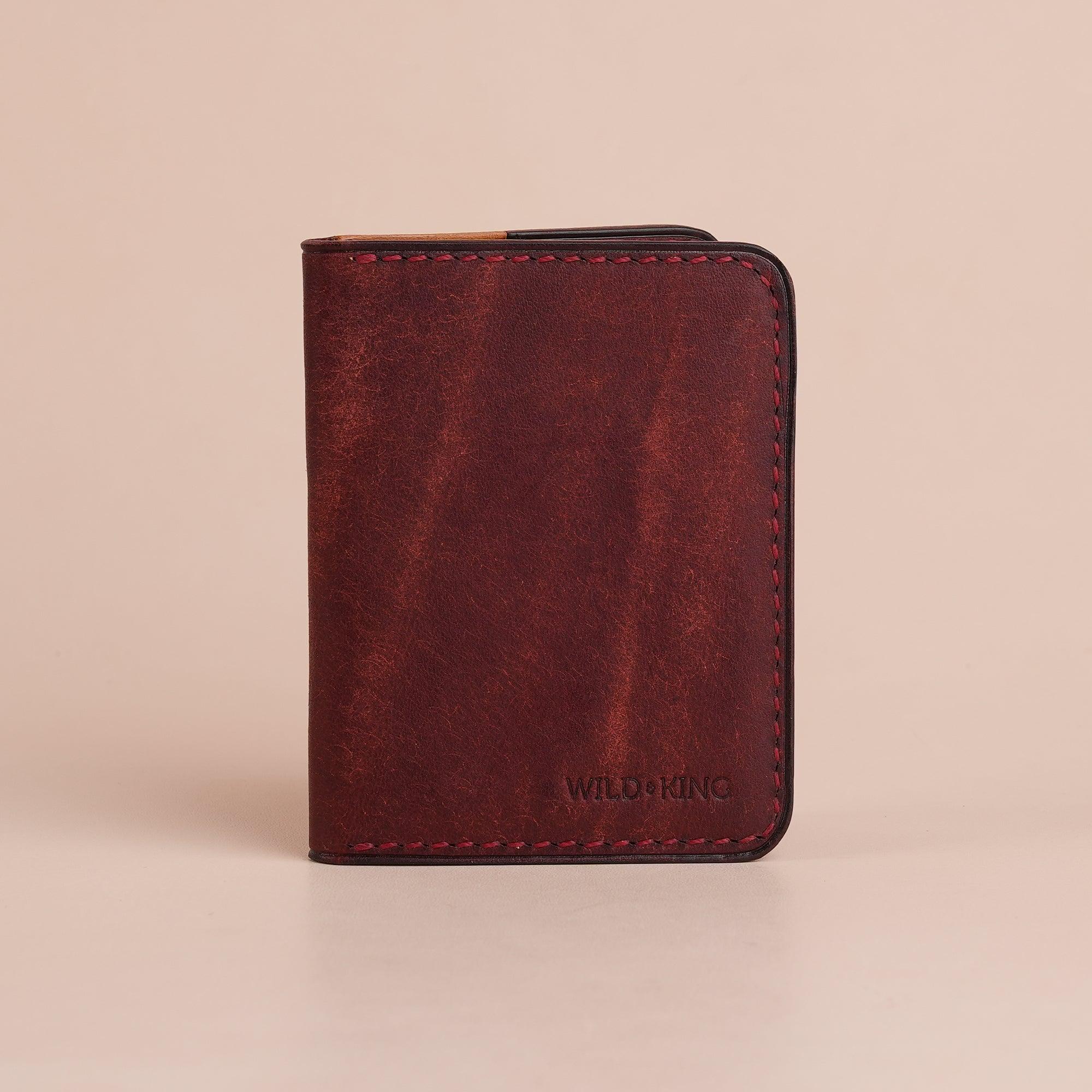 Burgundy Pueblo Leather Bifold Card Wallet Minimalist - WildandKing