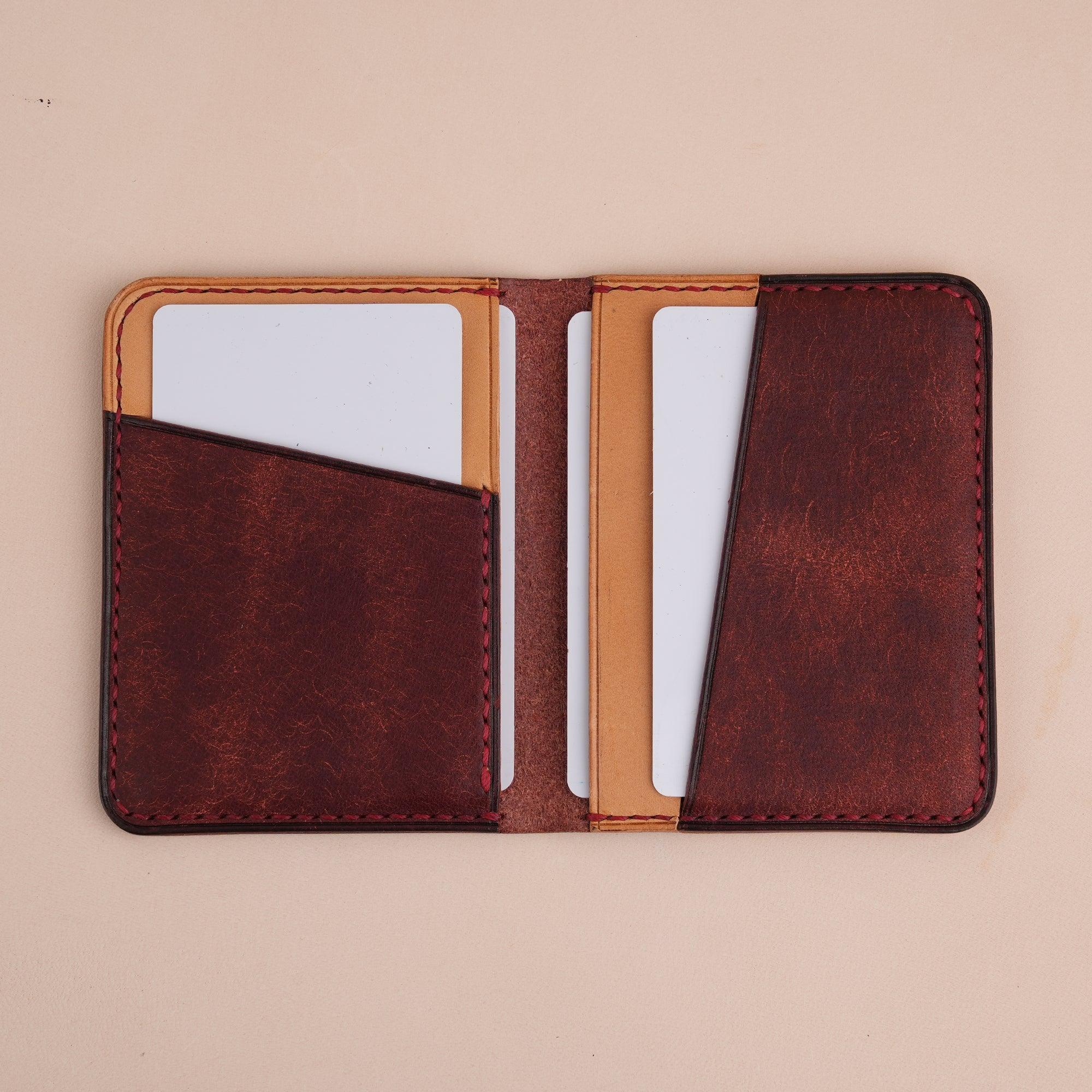 Burgundy Pueblo Leather Bifold Card Wallet Minimalist - WildandKing