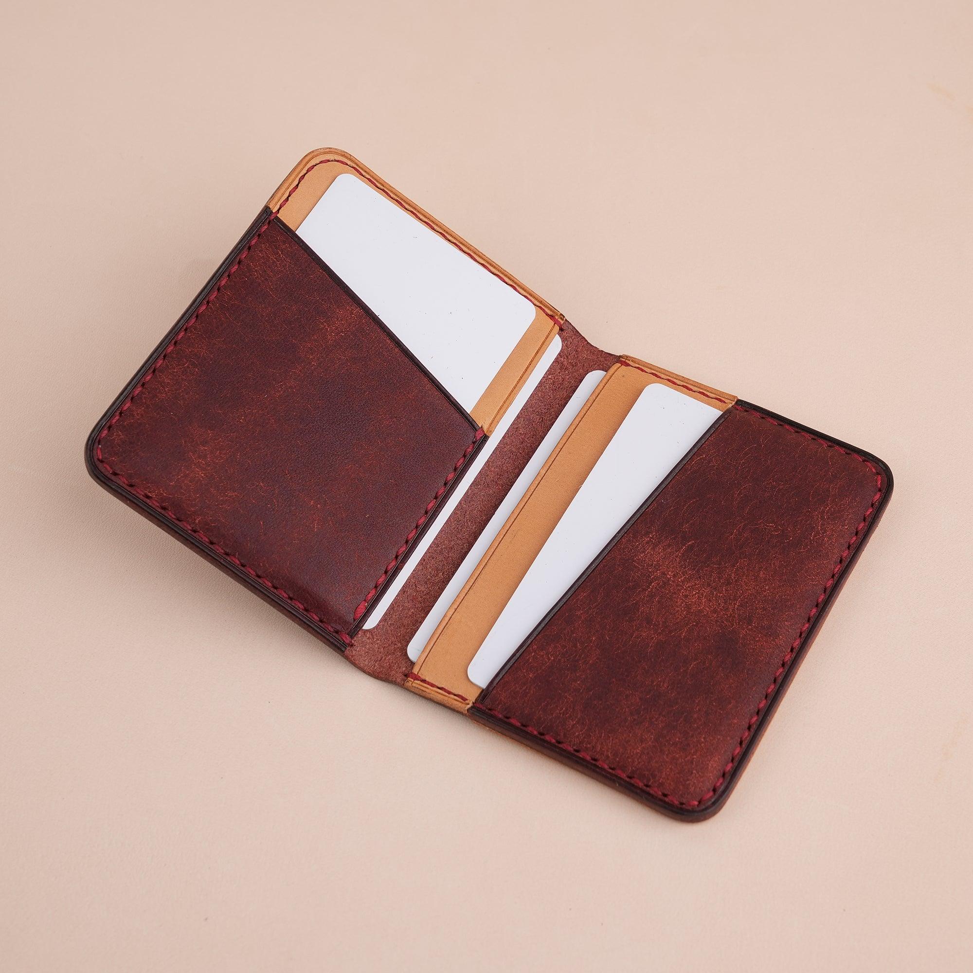 Burgundy Pueblo Leather Bifold Card Wallet Minimalist - WildandKing