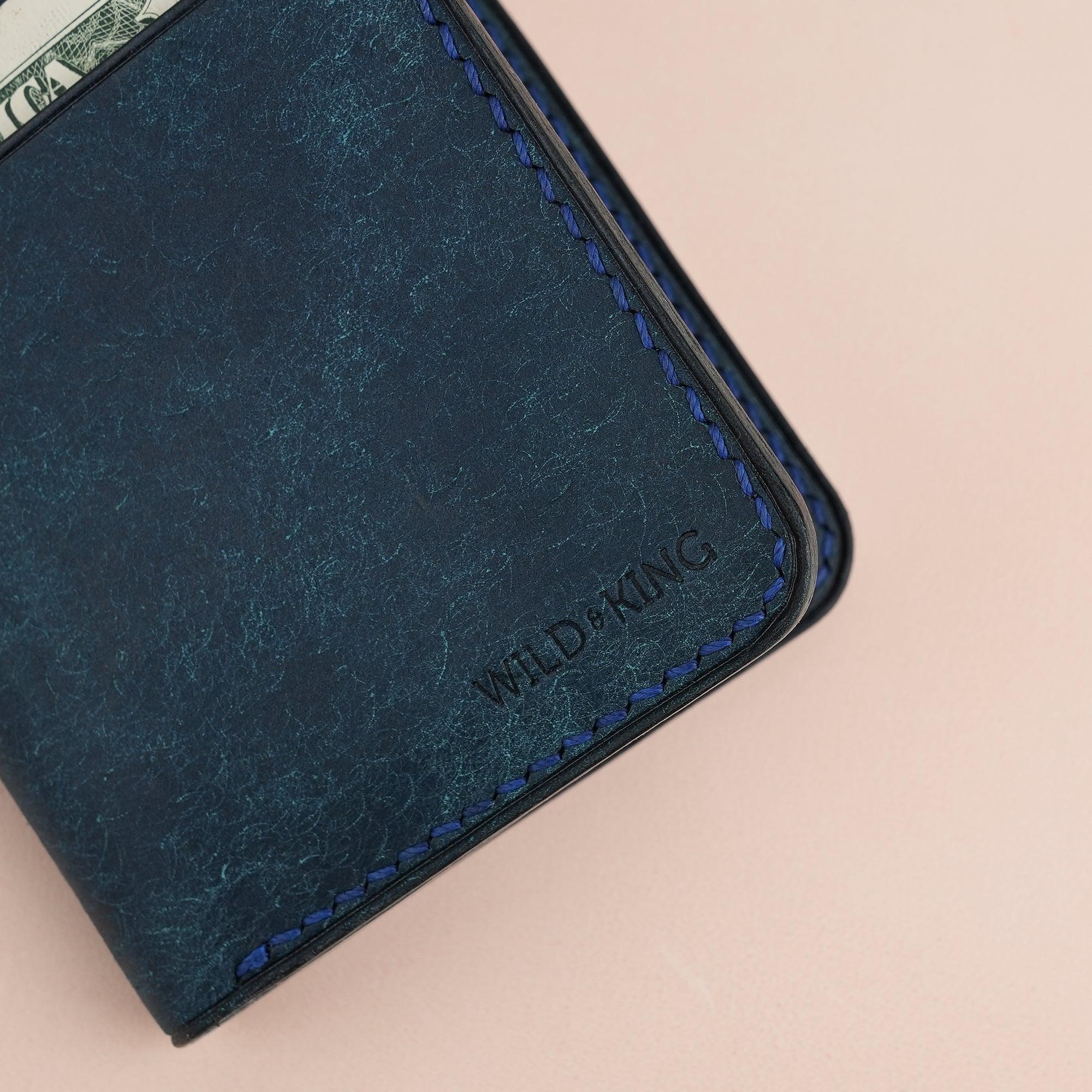 Navy Pueblo Leather Minimalist Bifold Wallet - WildandKing