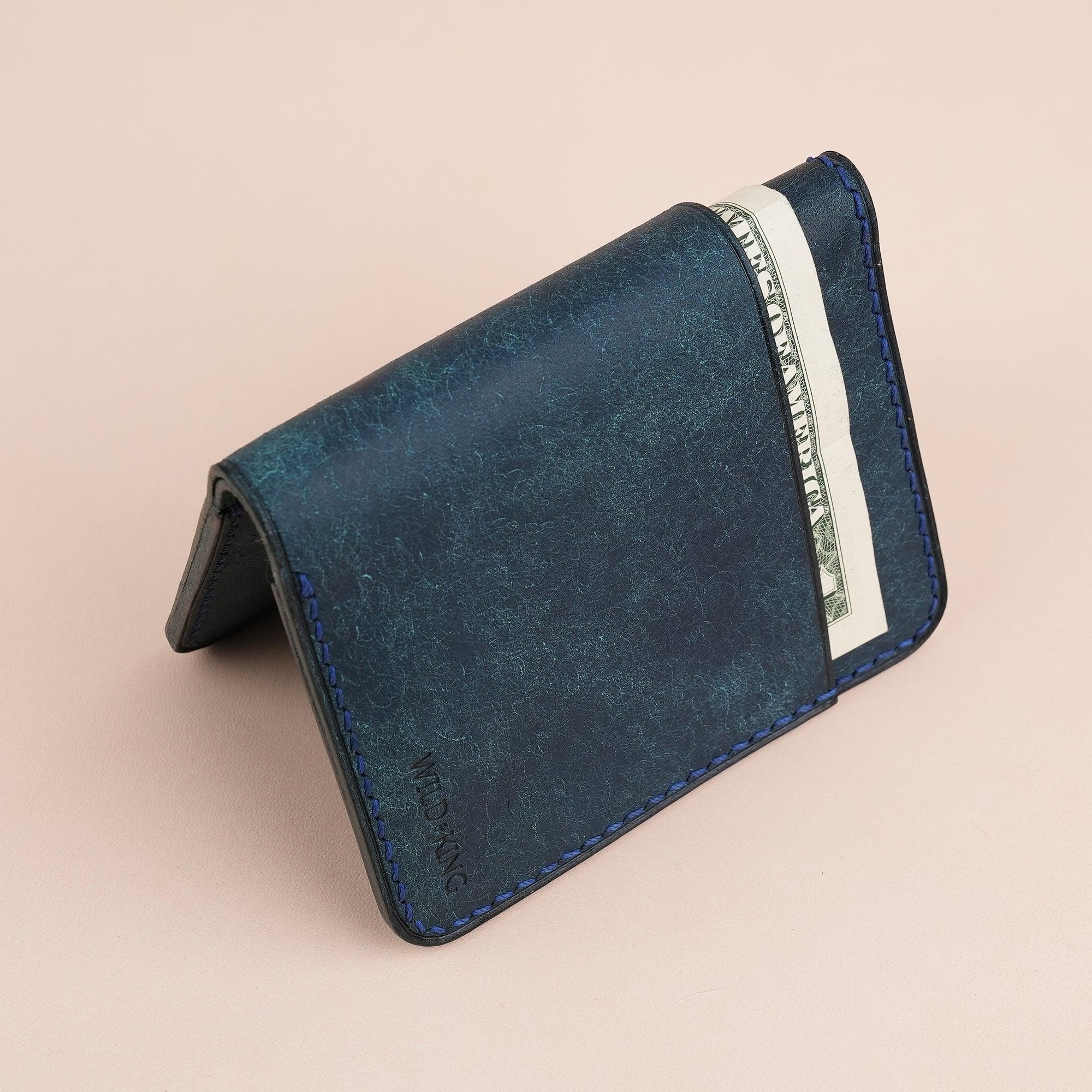 Navy Pueblo Leather Minimalist Bifold Wallet - WildandKing
