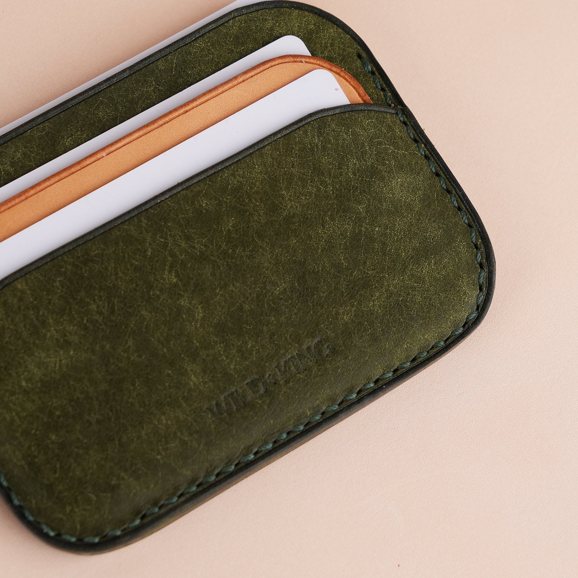 Minimalist Olive Pueblo Leather Card Holder - Seashell