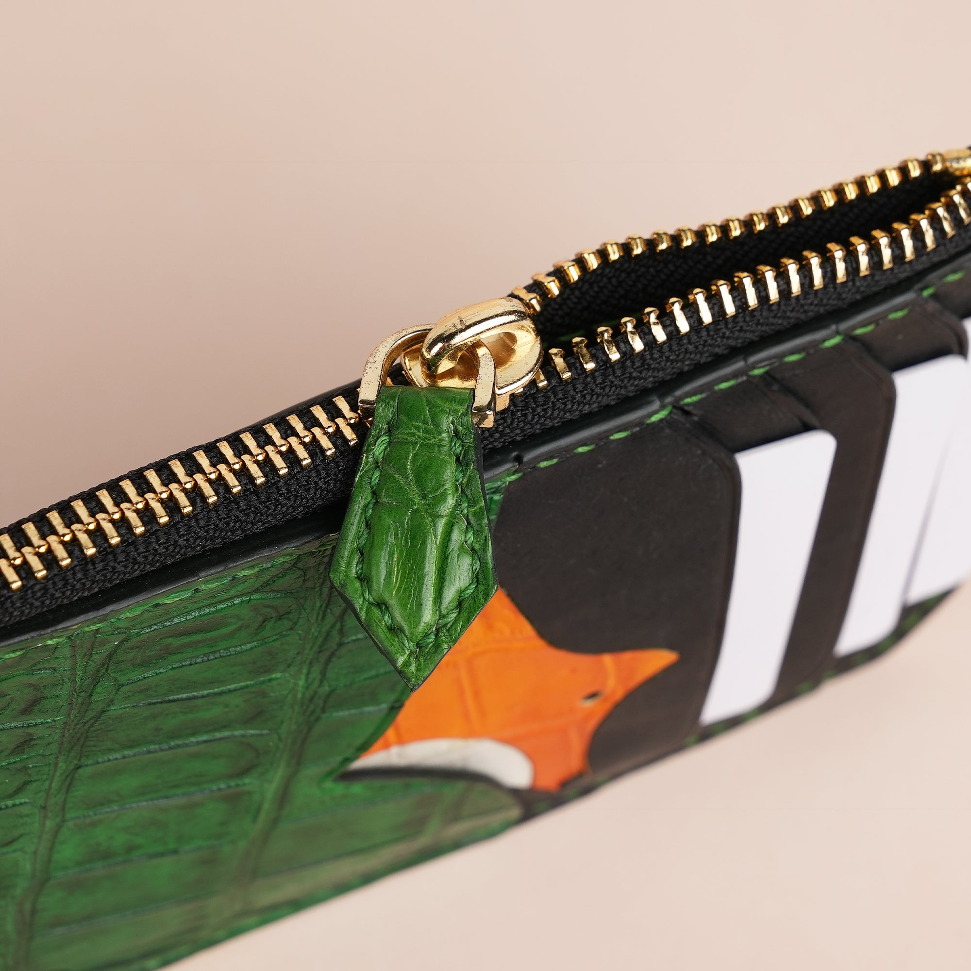 Green Alligator Leather Zipper Wallet - Fox Design
