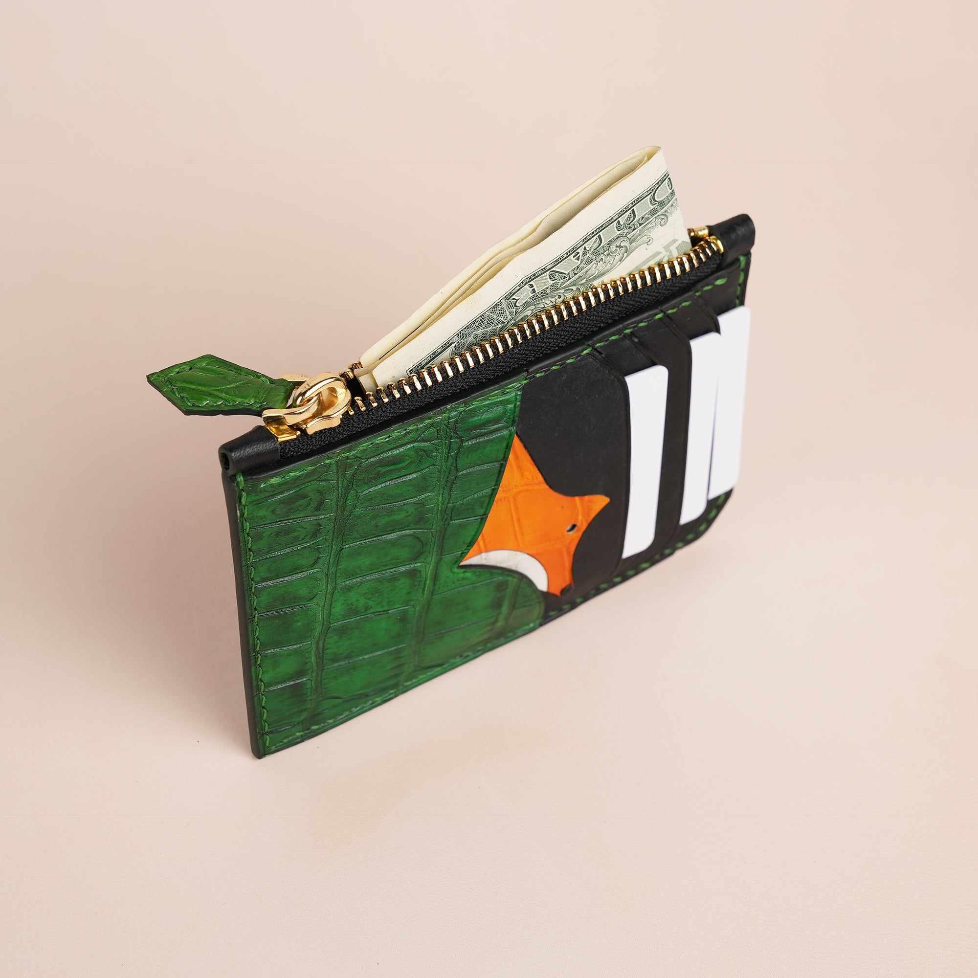 Green Alligator Leather Zipper Wallet - Fox Design