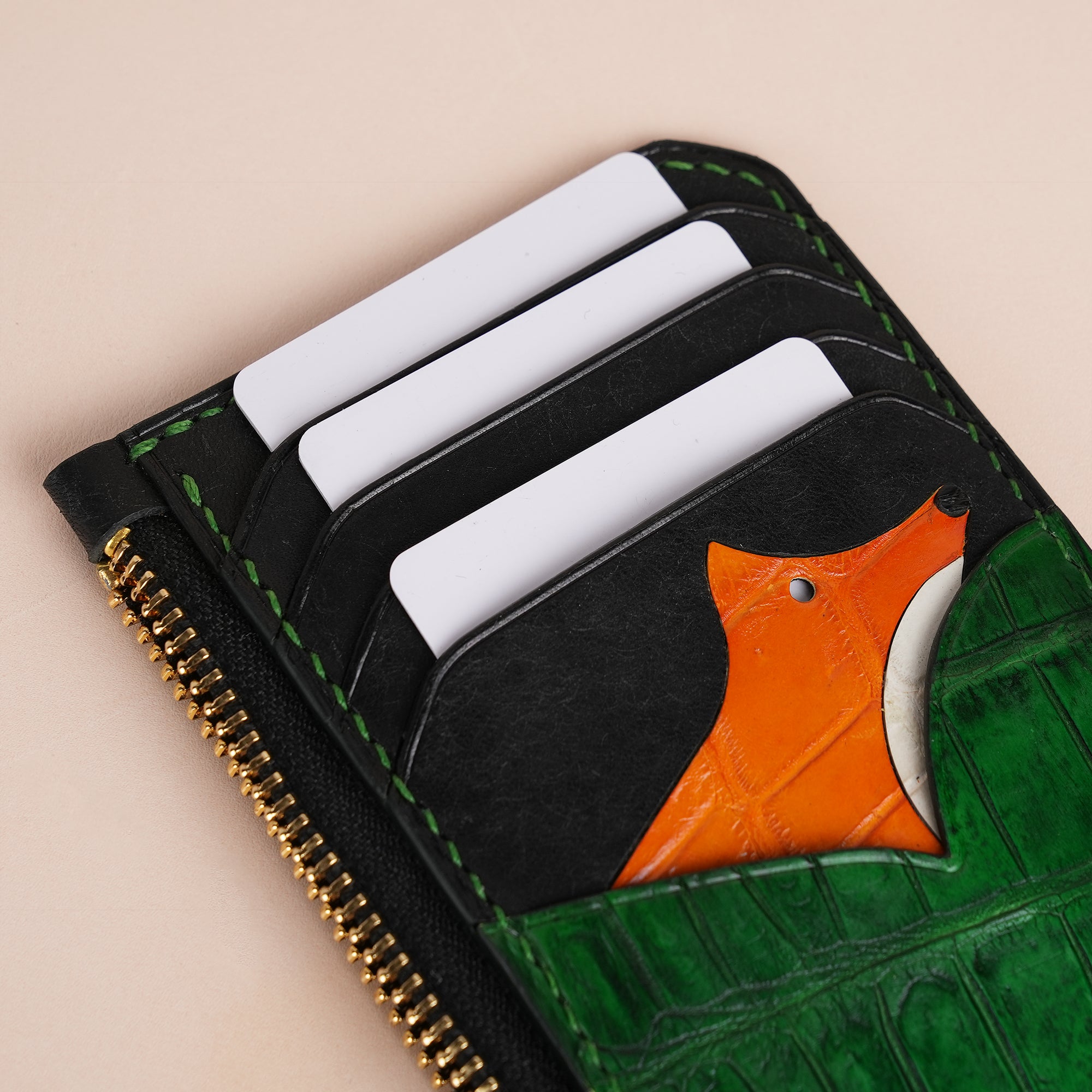 Green Alligator Leather Zipper Wallet - Fox Design