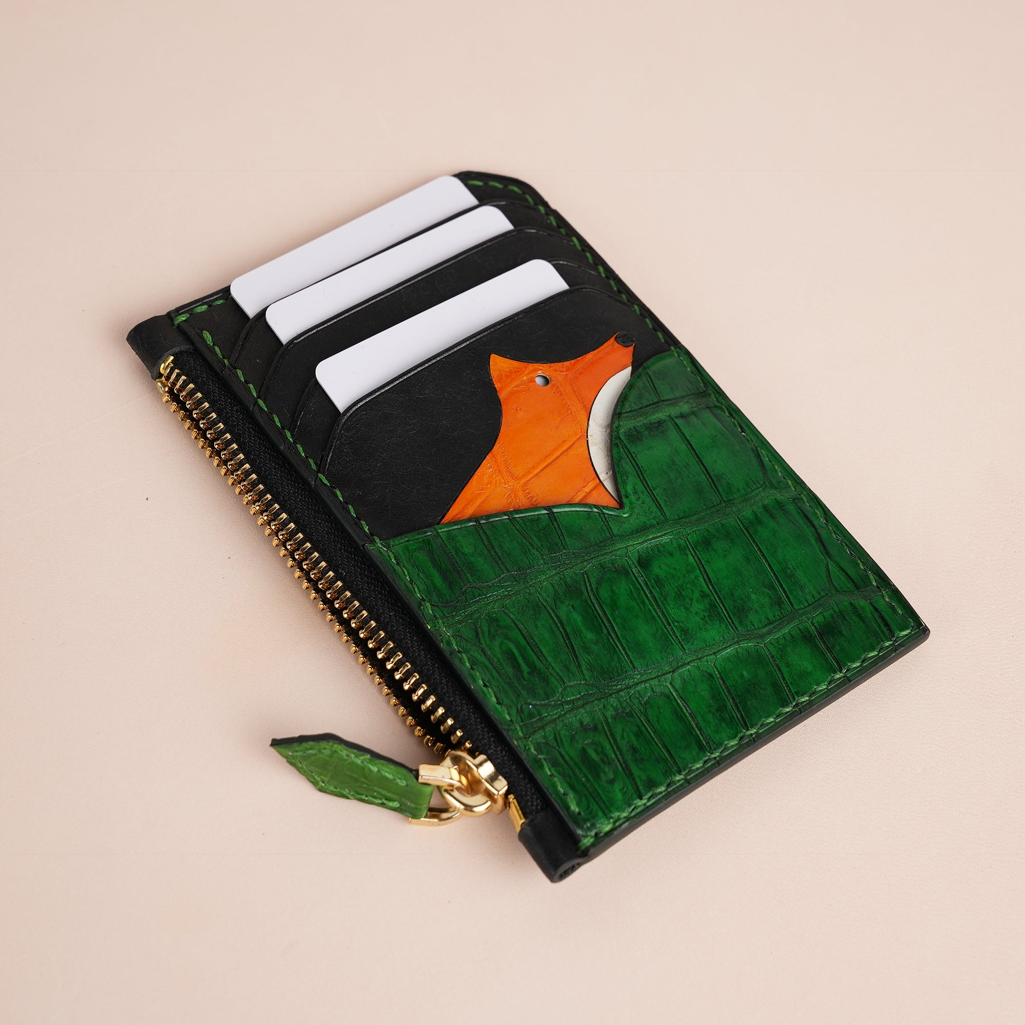 Green Alligator Leather Zipper Wallet - Fox Design