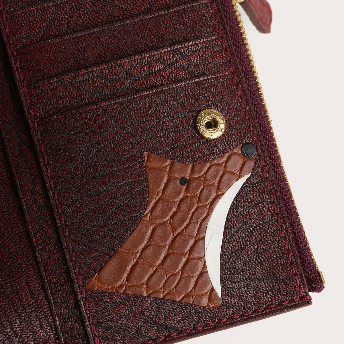 Red Alligator Leather Bifold Zipper Wallet with Snap Closure - Fox Design
