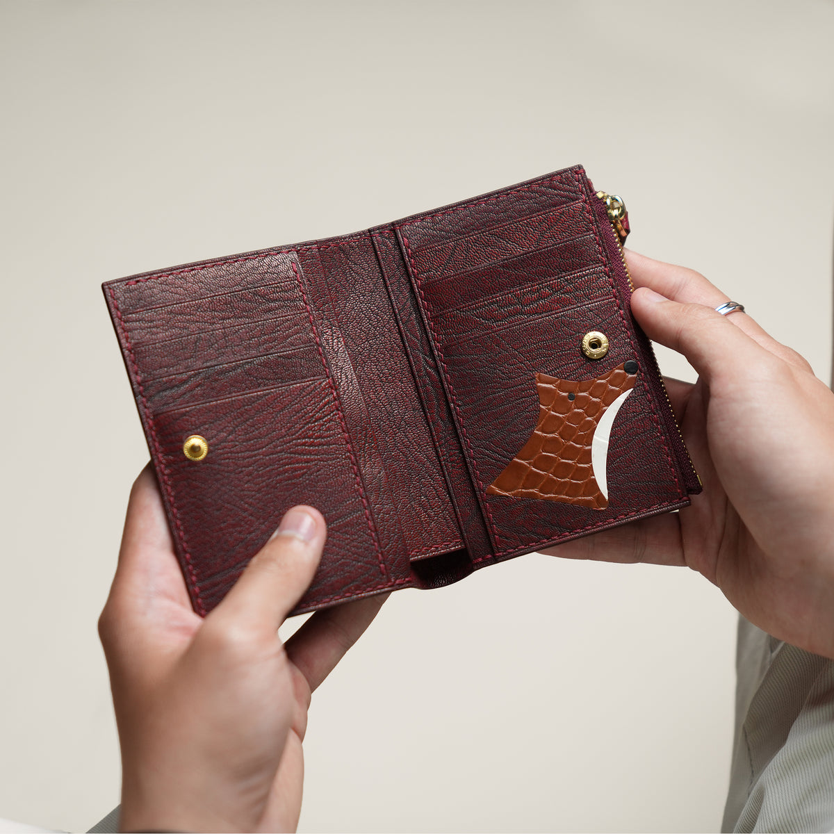 Red Alligator Leather Bifold Zipper Wallet with Snap Closure - Fox Design