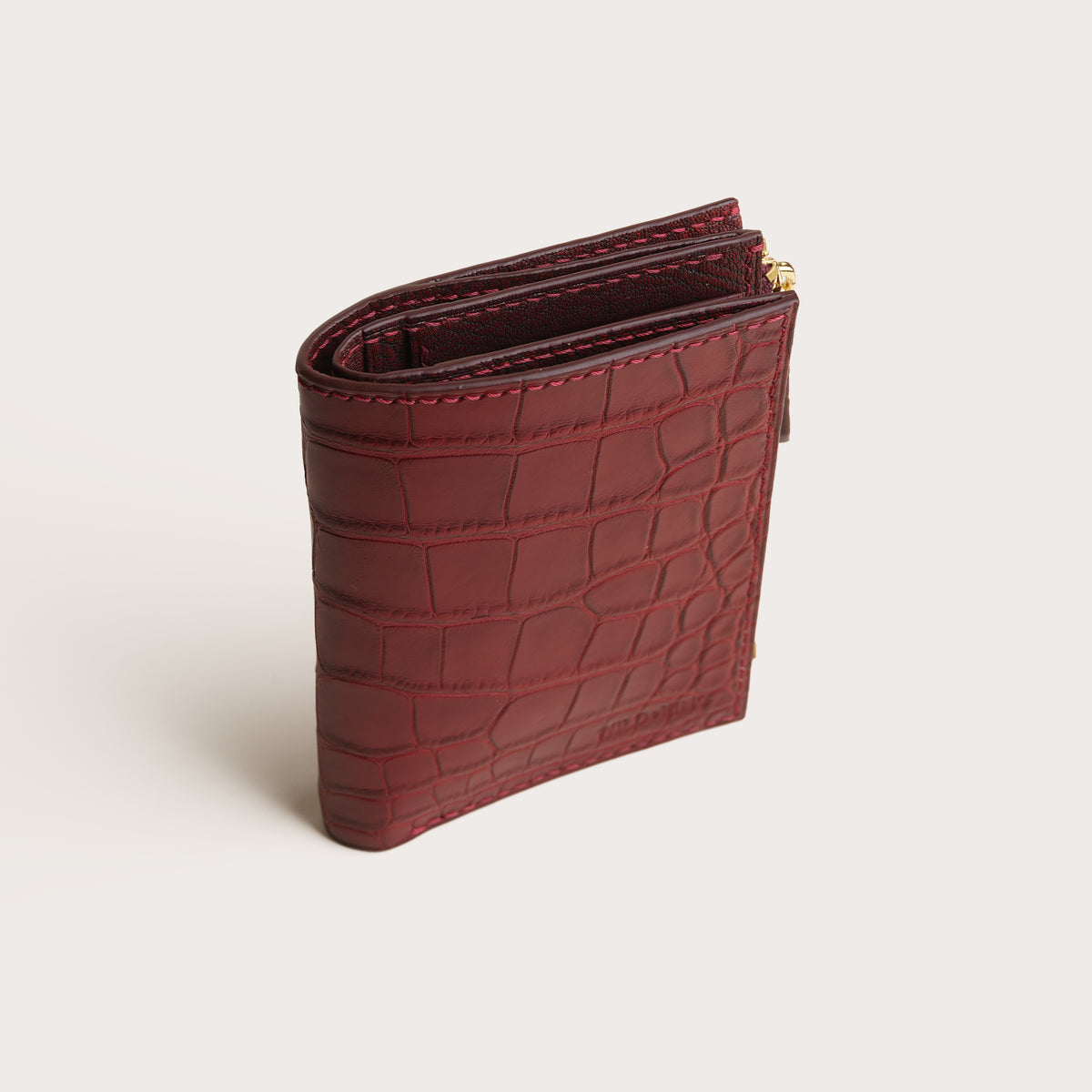 Red Alligator Leather Bifold Zipper Wallet with Snap Closure - Fox Design