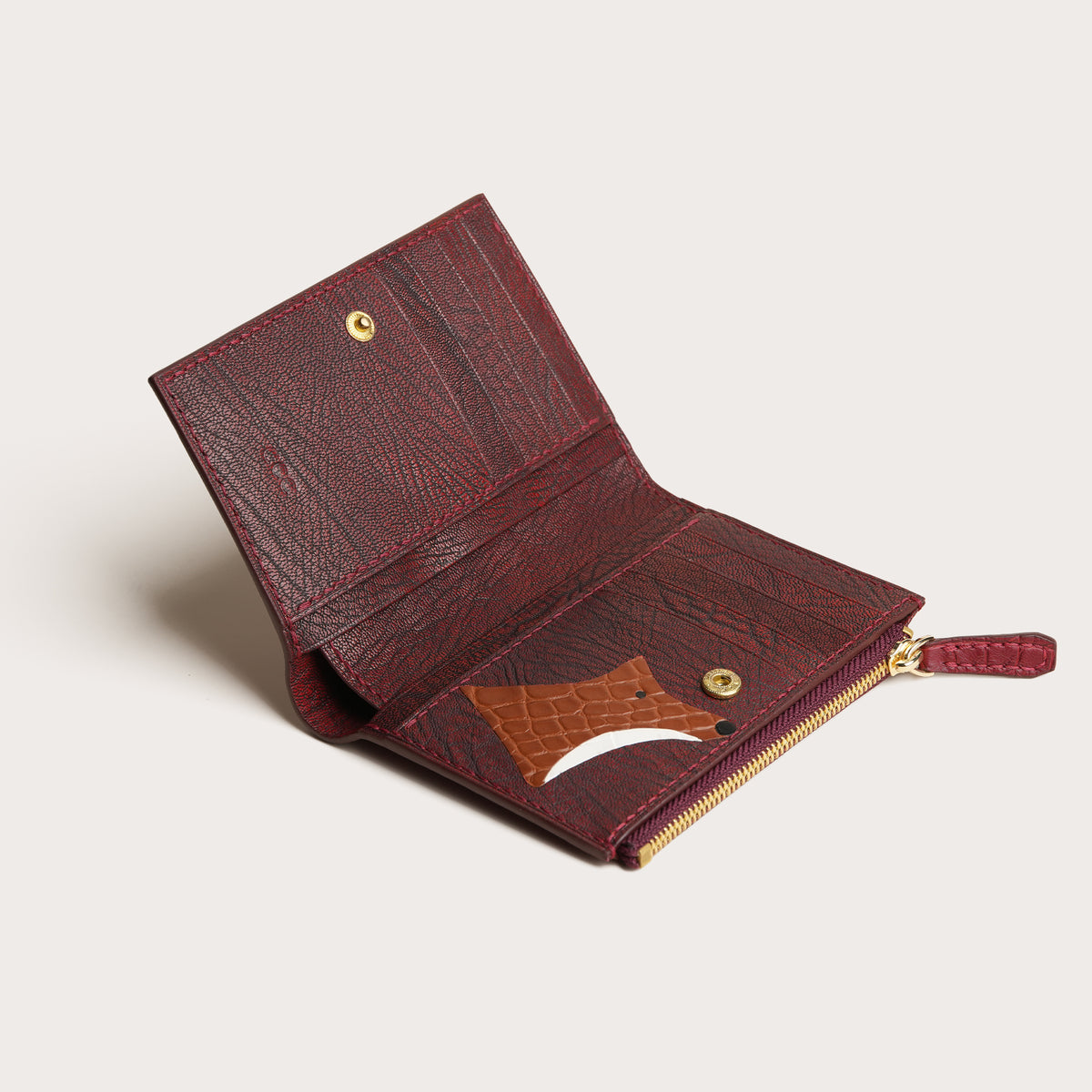 Red Alligator Leather Bifold Zipper Wallet with Snap Closure - Fox Design