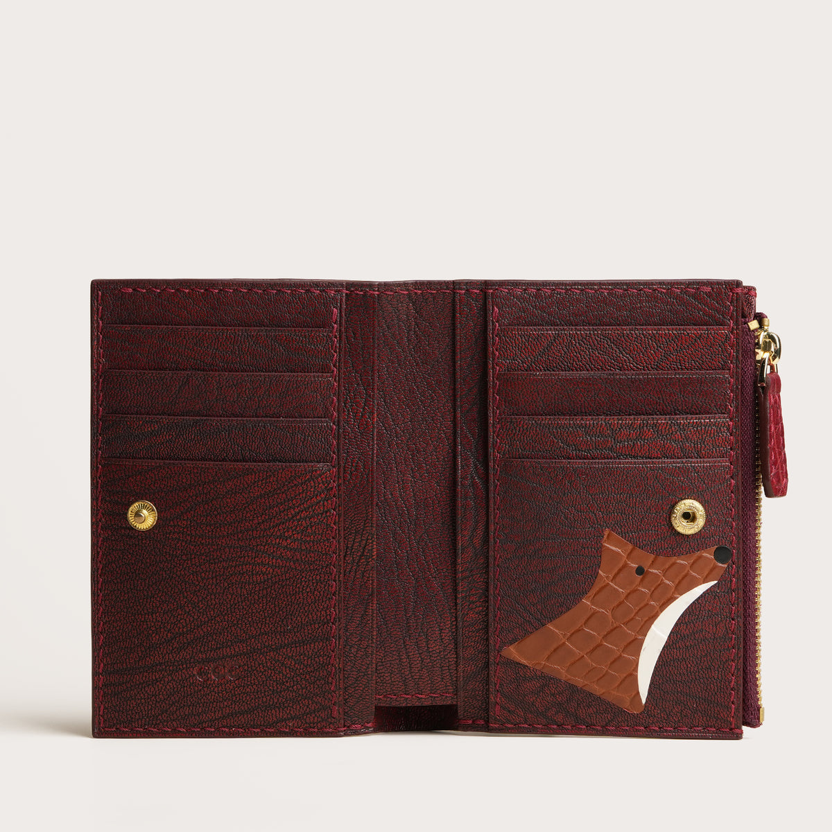 Red Alligator Leather Bifold Zipper Wallet with Snap Closure - Fox Design