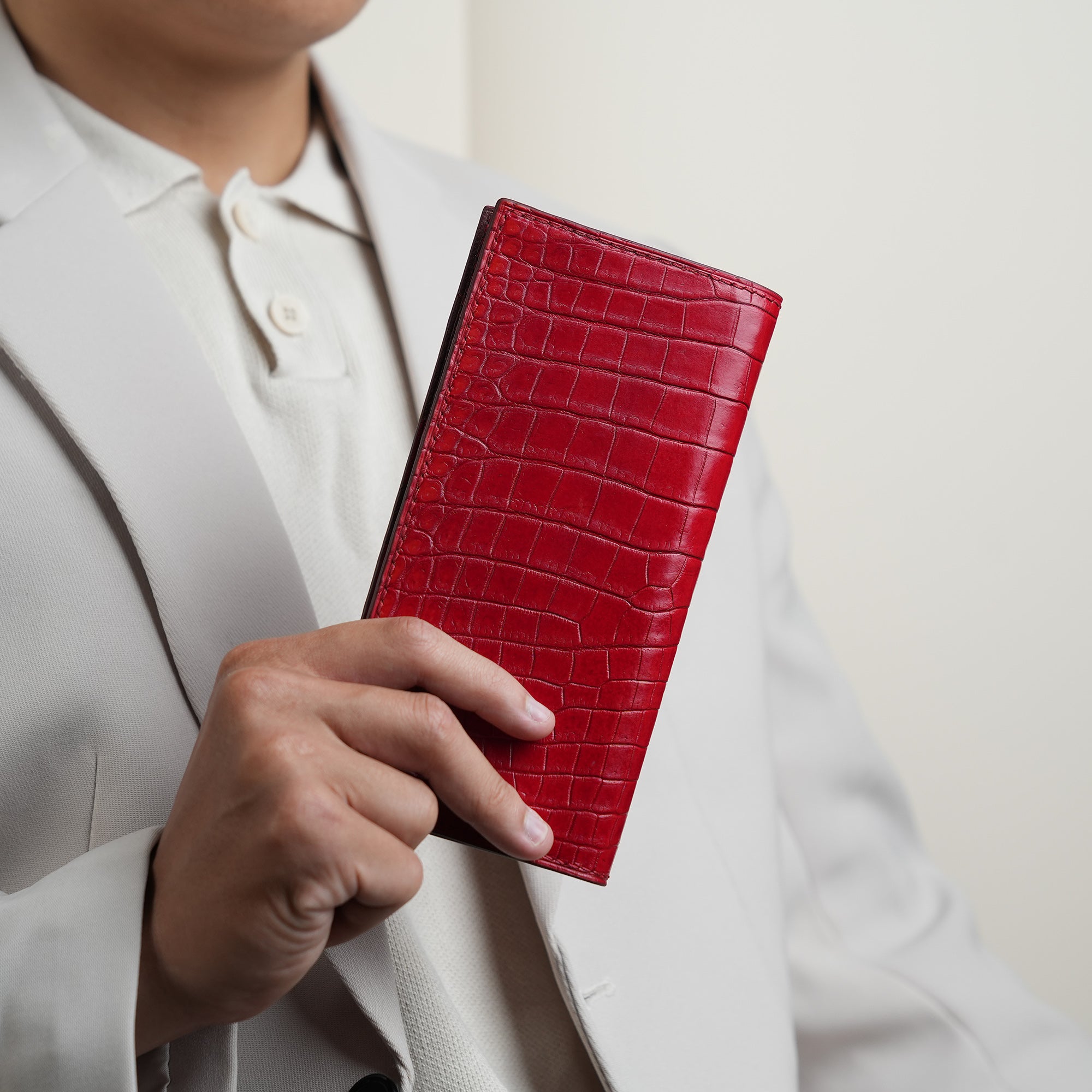 Red Crocodile Leather Long Wallet