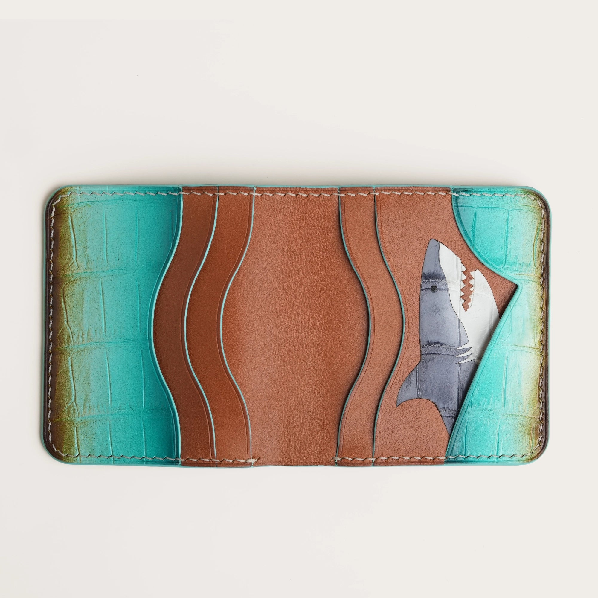 Turquoise Crocodile Leather Bifold Wallet - Shark Design - Ocean Patina