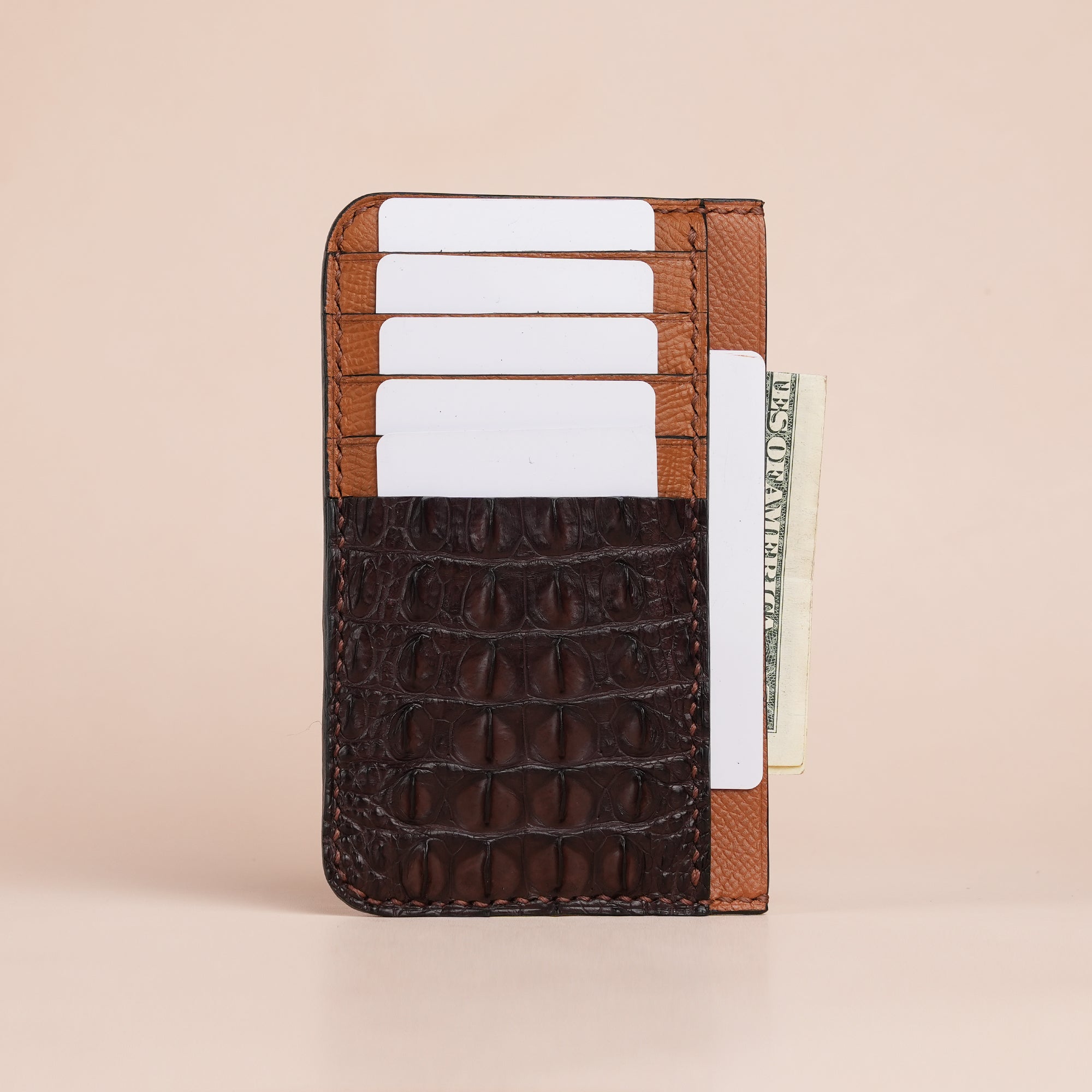 Brown Double Hornback Leather Vertical Card Holder - Extra
