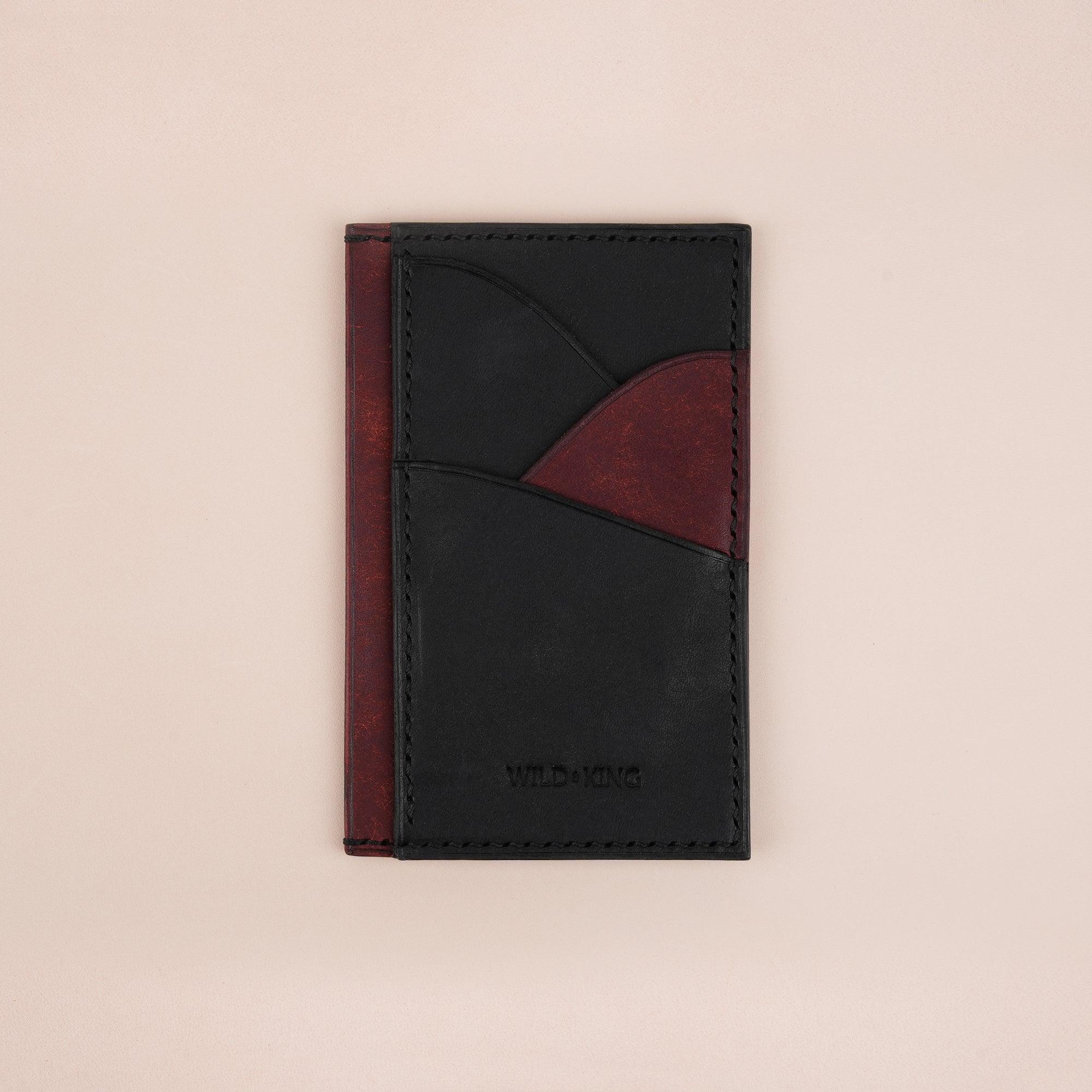 Vertical Black and Burgundy Pueblo Leather Card Holder Wallet Slim - WildandKing